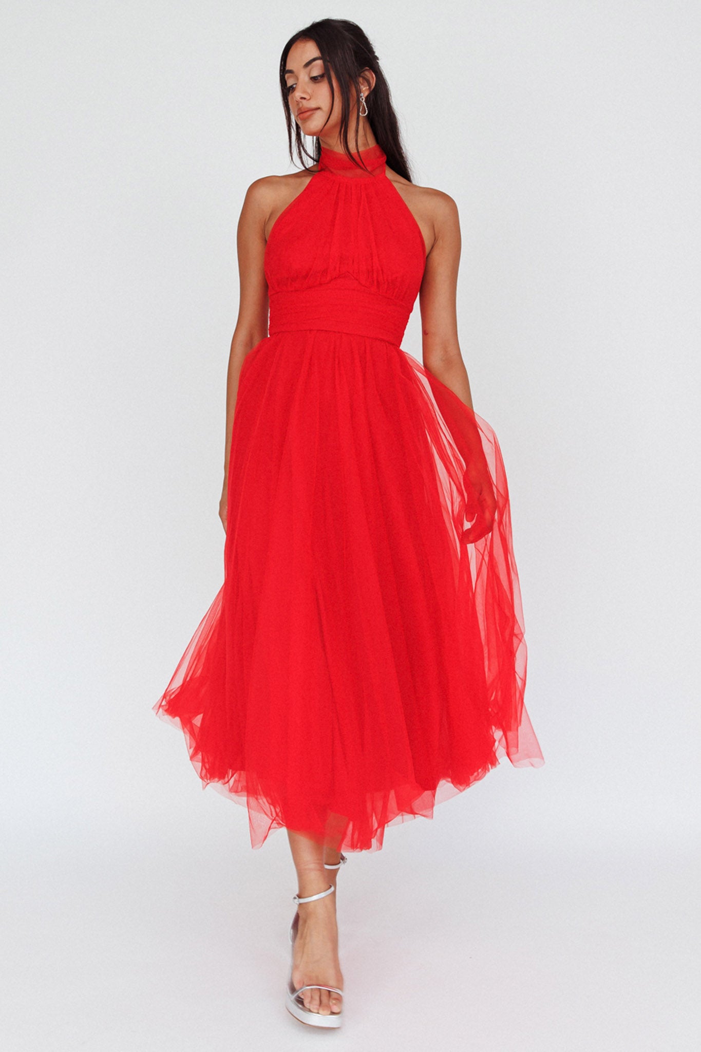 Andria Halterneck Tulle Midi Dress Red by Selfie Leslie