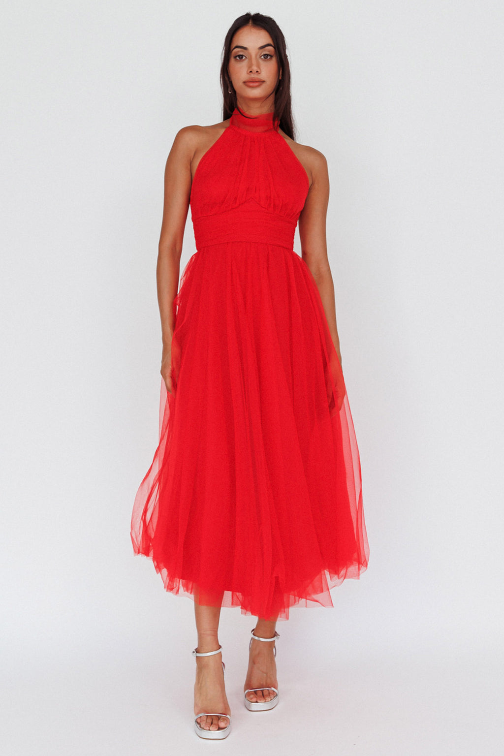 Andria Halterneck Tulle Midi Dress Red by Selfie Leslie