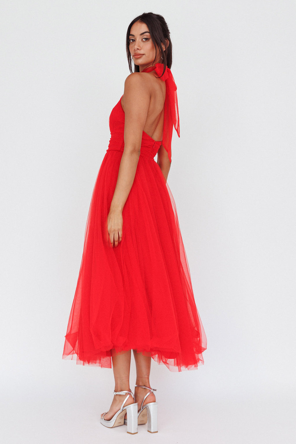 Andria Halterneck Tulle Midi Dress Red by Selfie Leslie