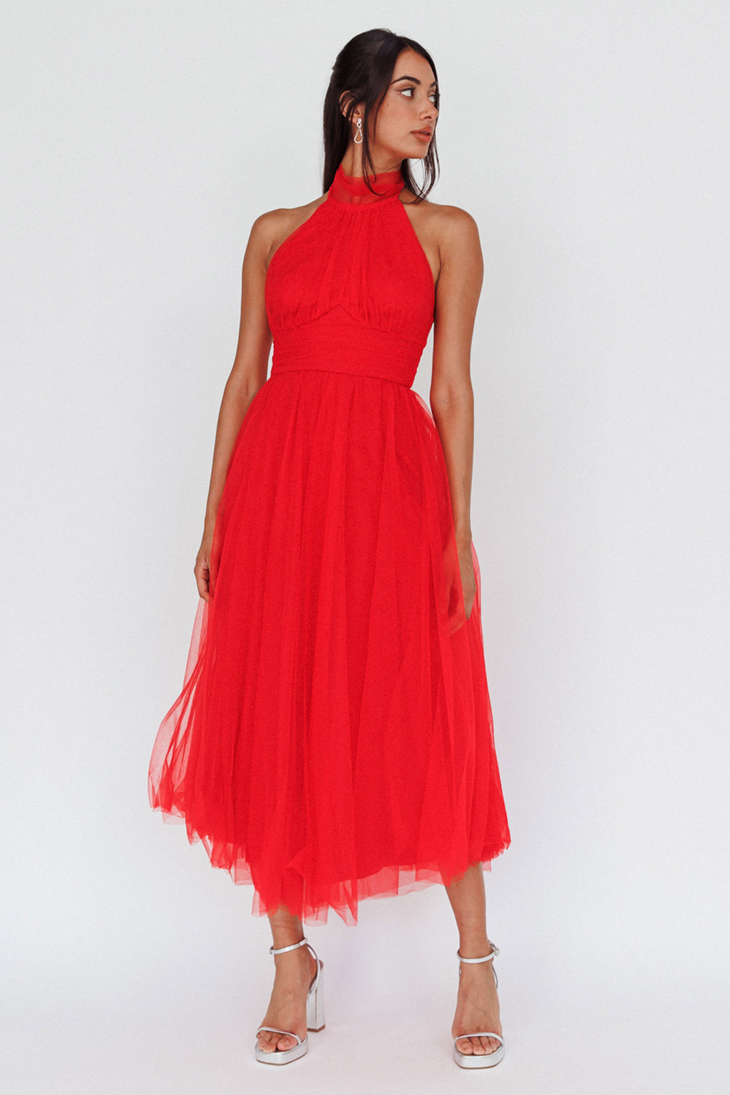 Andria Halterneck Tulle Midi Dress Red by Selfie Leslie