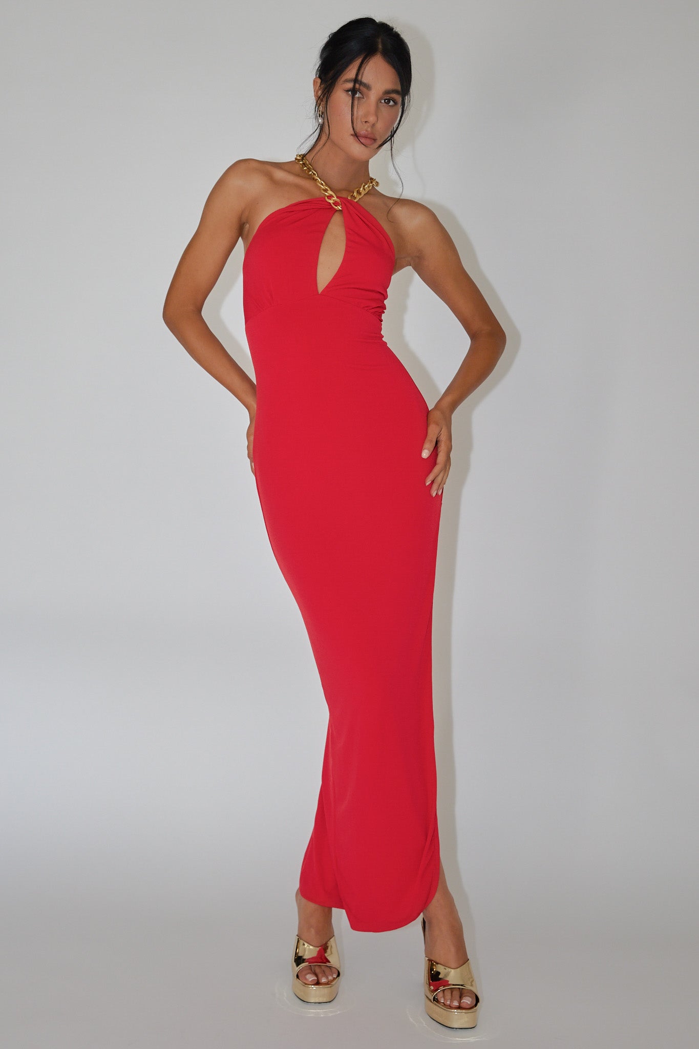 Shop the Slow Dance Chain Halter Midi Dress Red