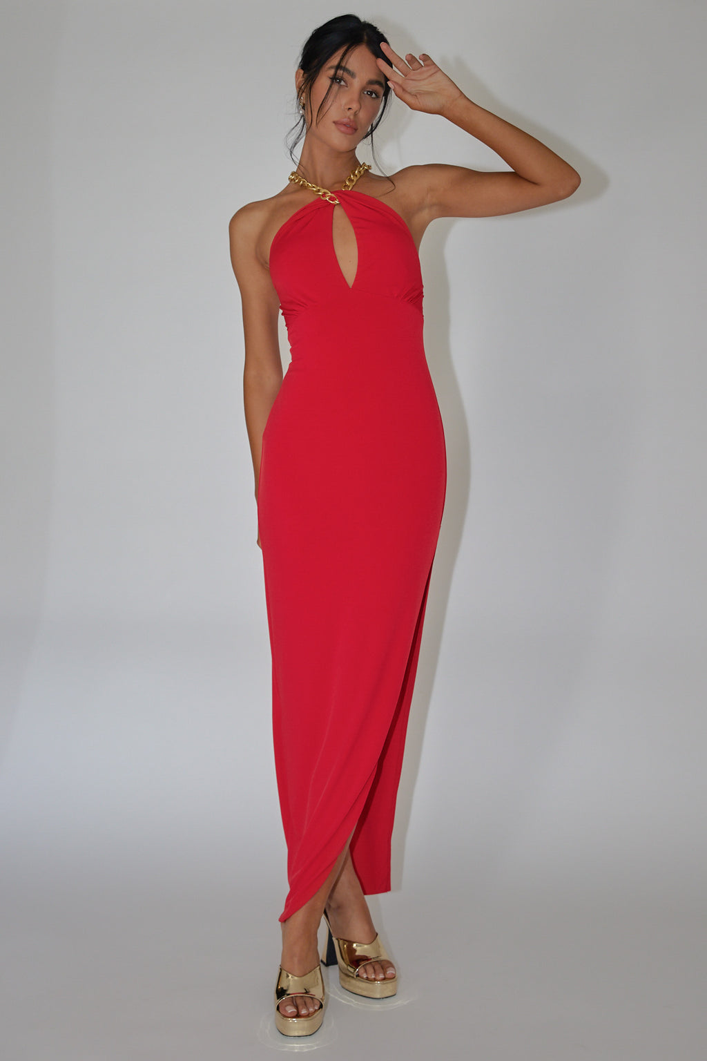 Slow Dance Chain Halter Midi Dress Red by Selfie Leslie