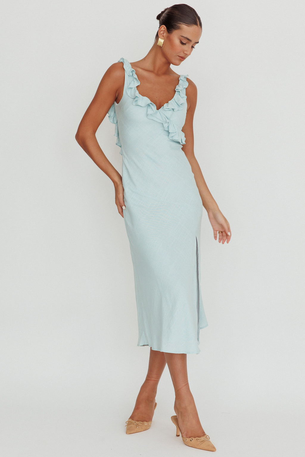 Alba Frill Trim Midi Dress Baby Blue by Selfie Leslie