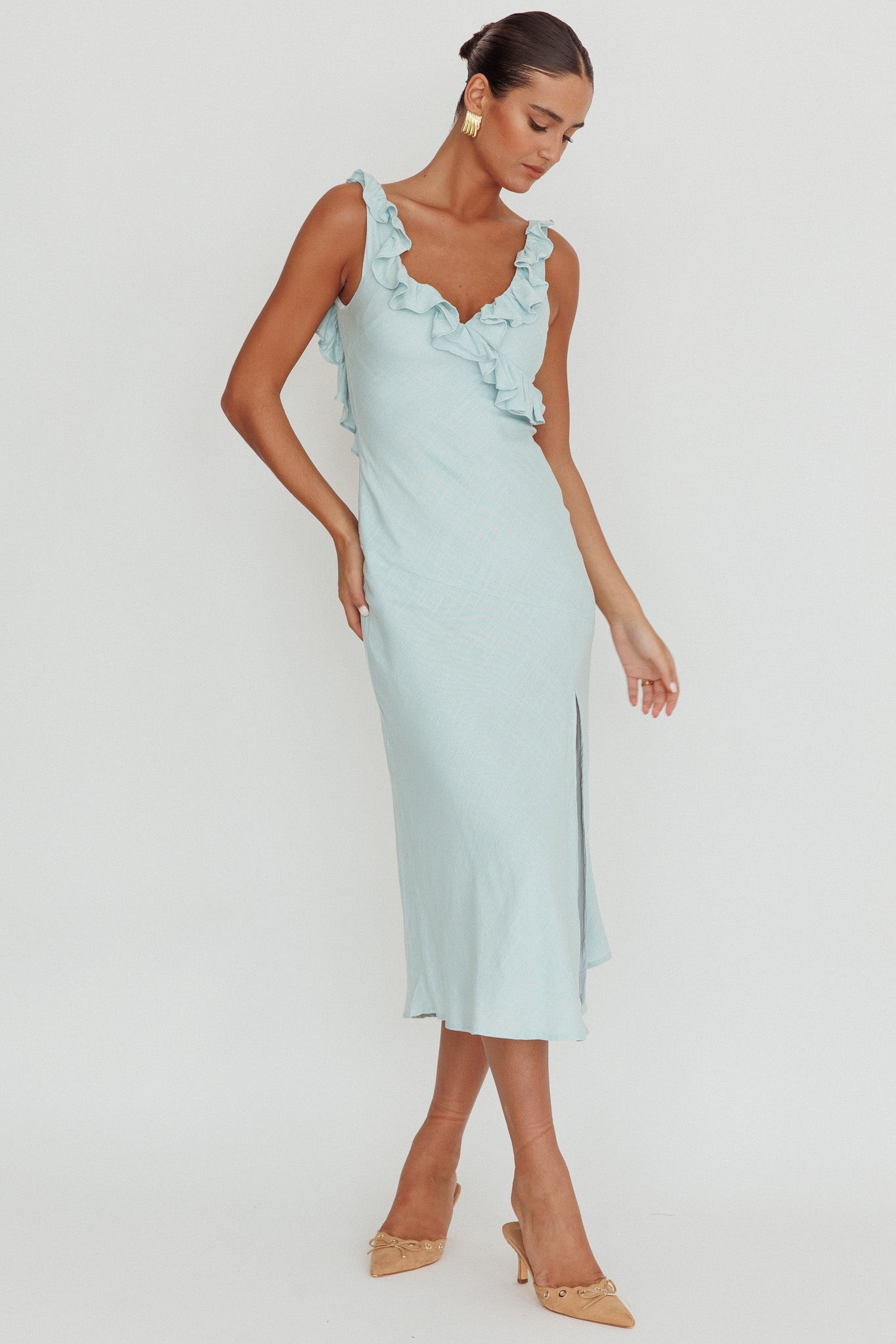 Alba Frill Trim Midi Dress Baby Blue by Selfie Leslie