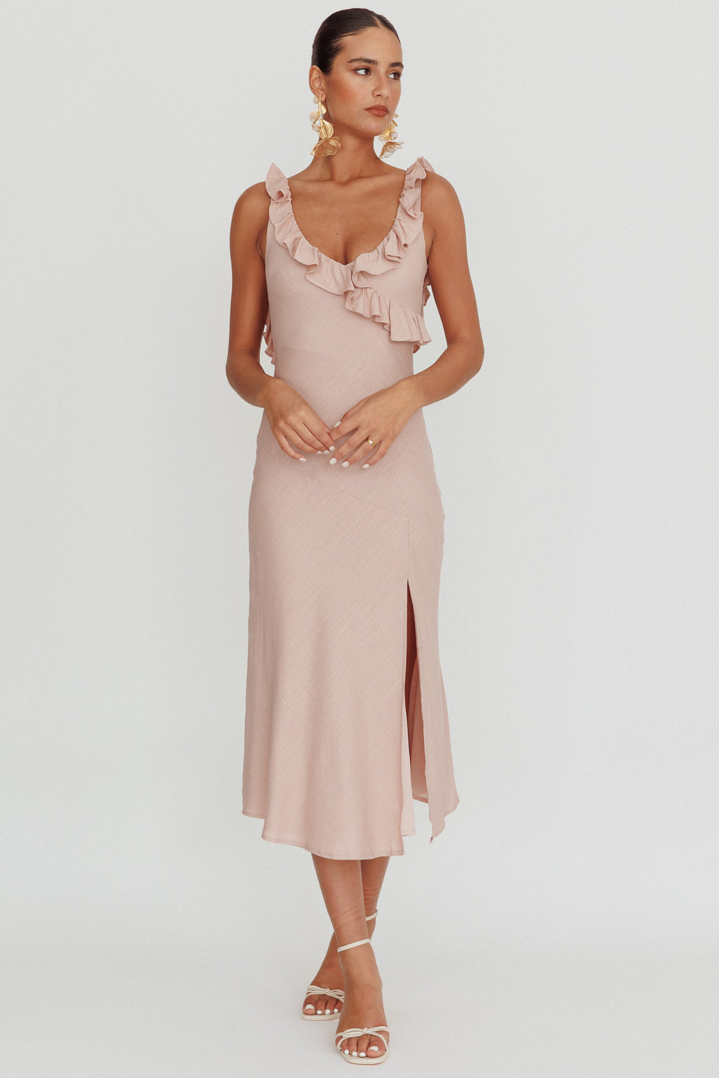 Alba Frill Trim Midi Dress Baby Blush by Selfie Leslie