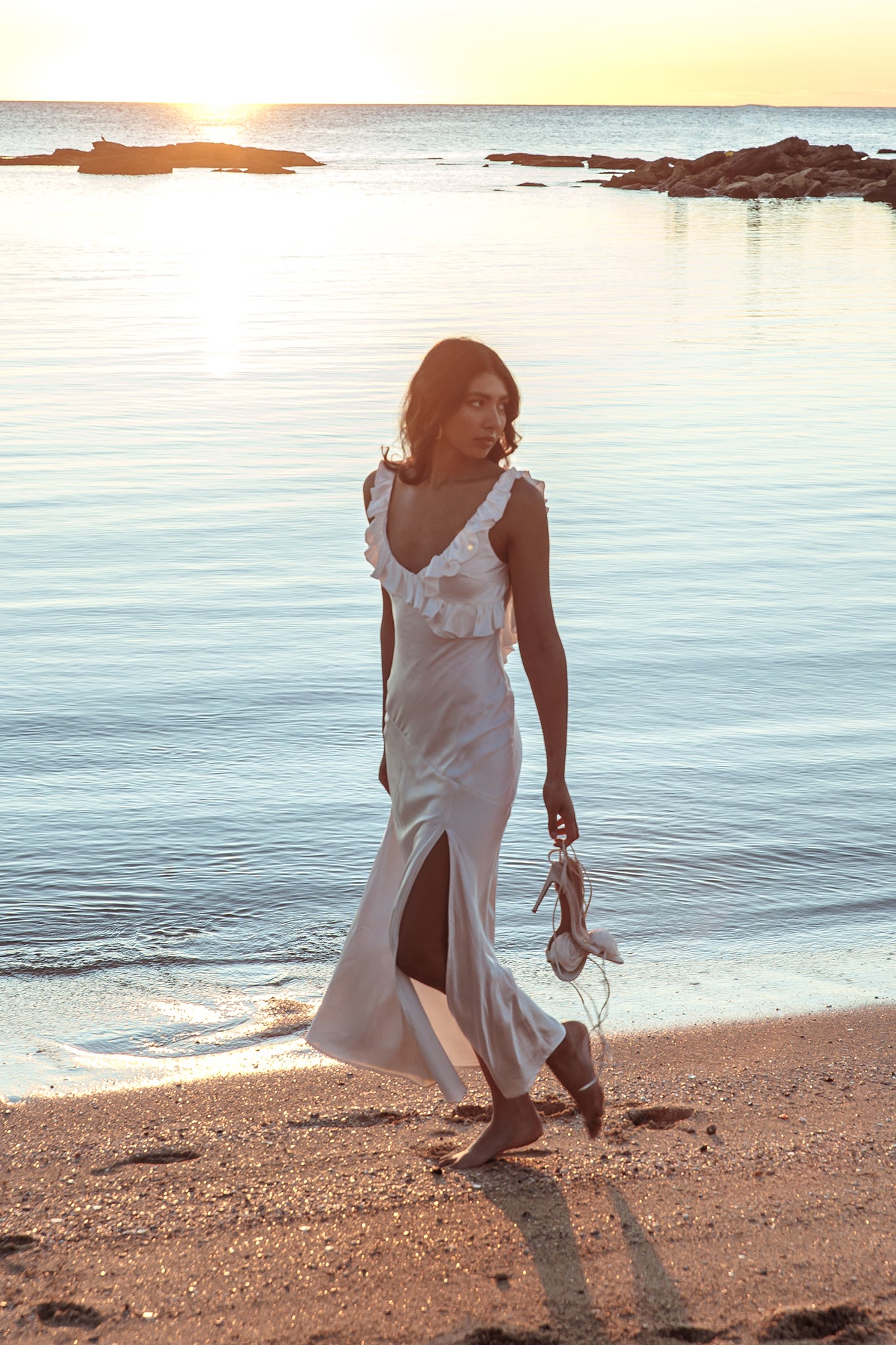 Alba Frill Trim Maxi Dress White by Selfie Leslie