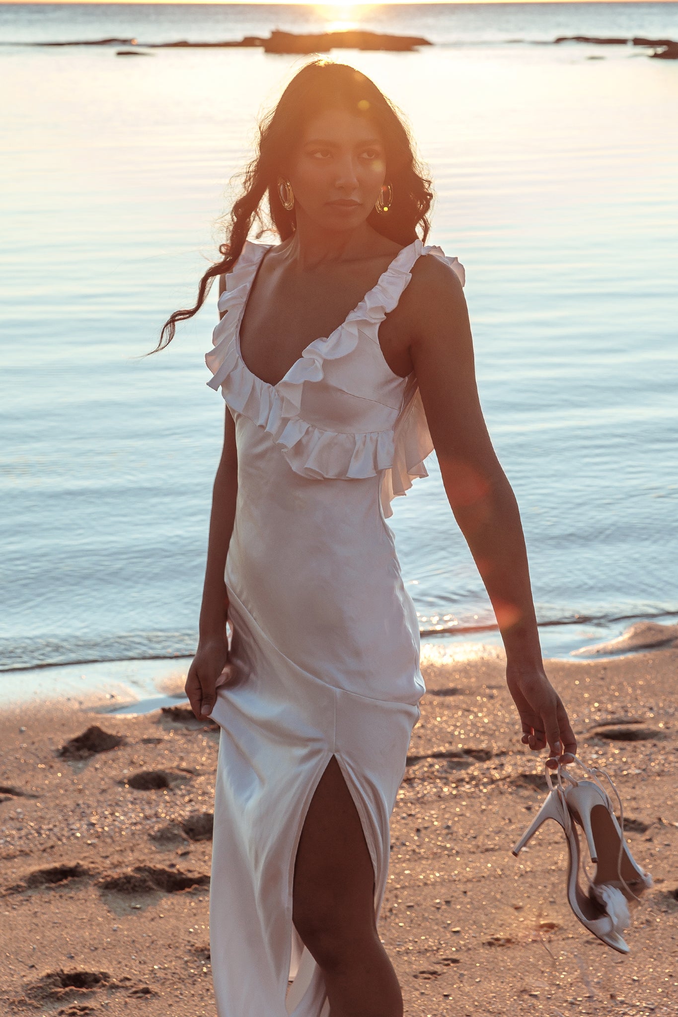 Alba Frill Trim Maxi Dress White by Selfie Leslie