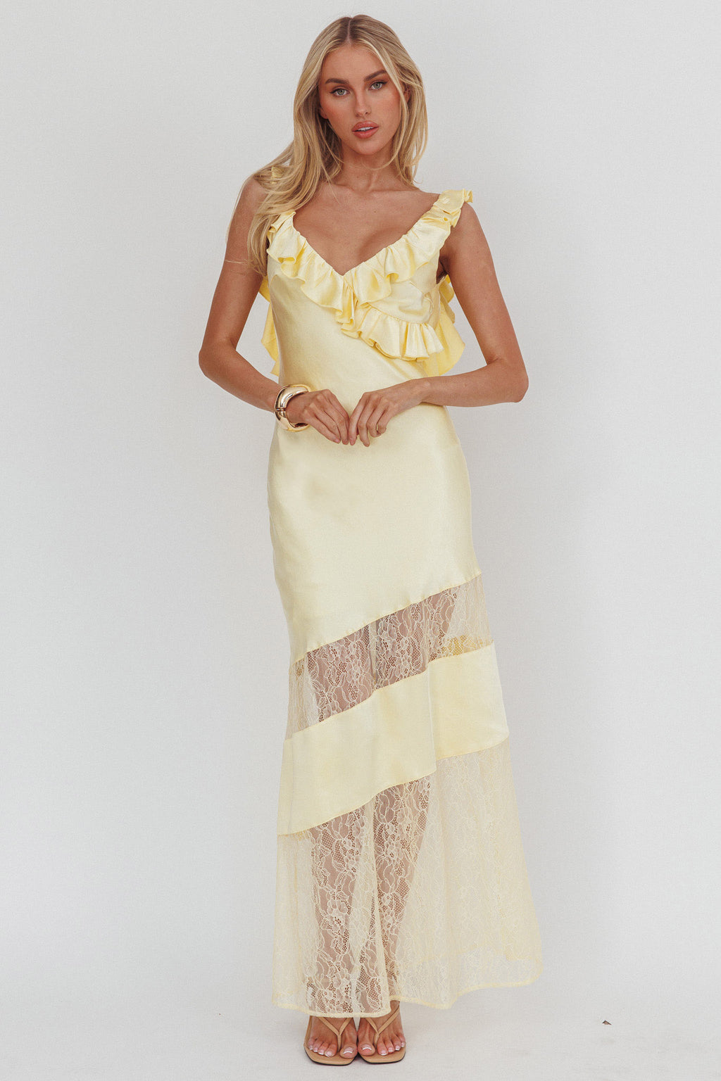 Alba Frill & Lace Trim Maxi Dress Butter by Selfie Leslie