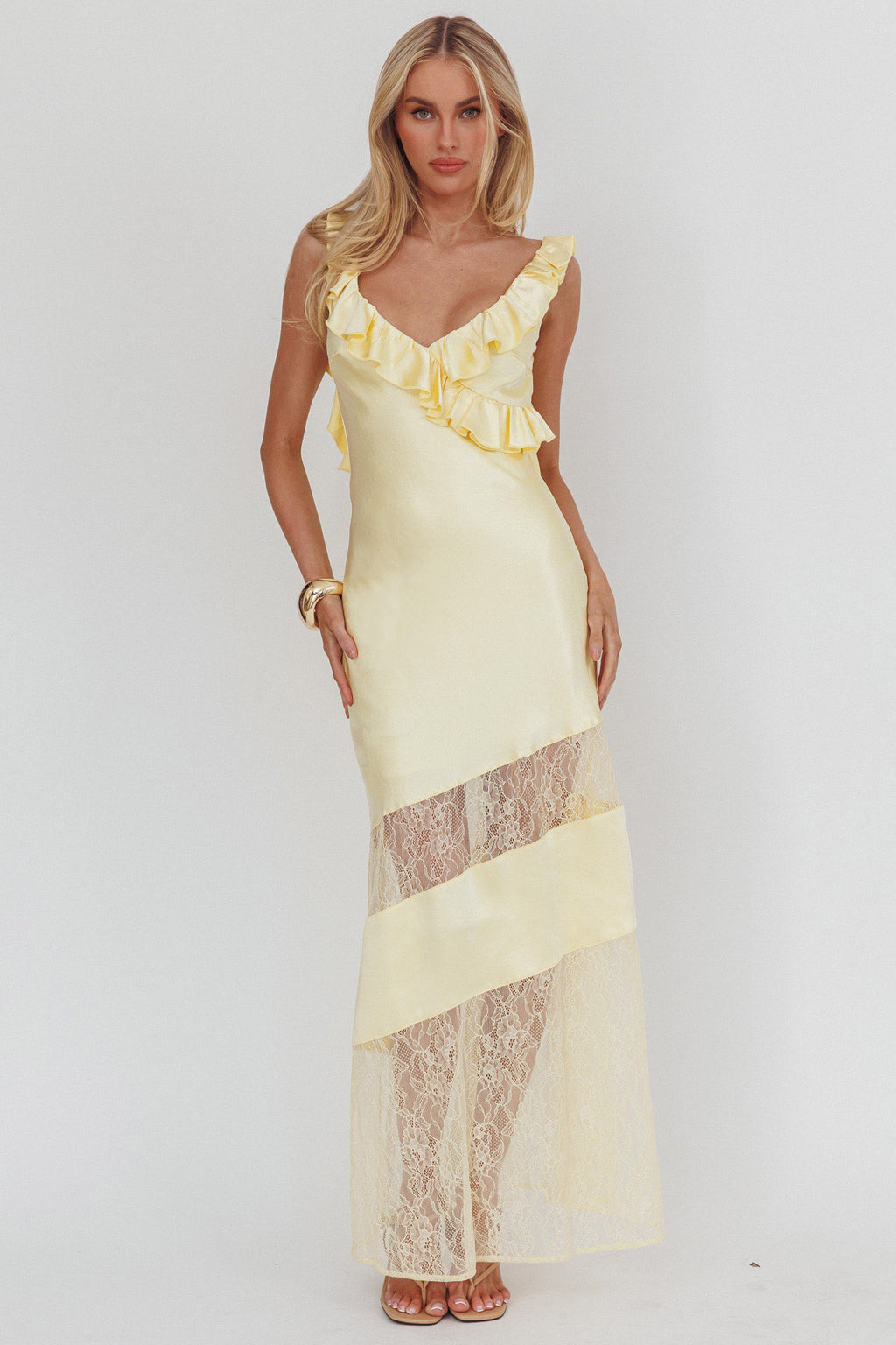 Alba Frill & Lace Trim Maxi Dress Butter by Selfie Leslie