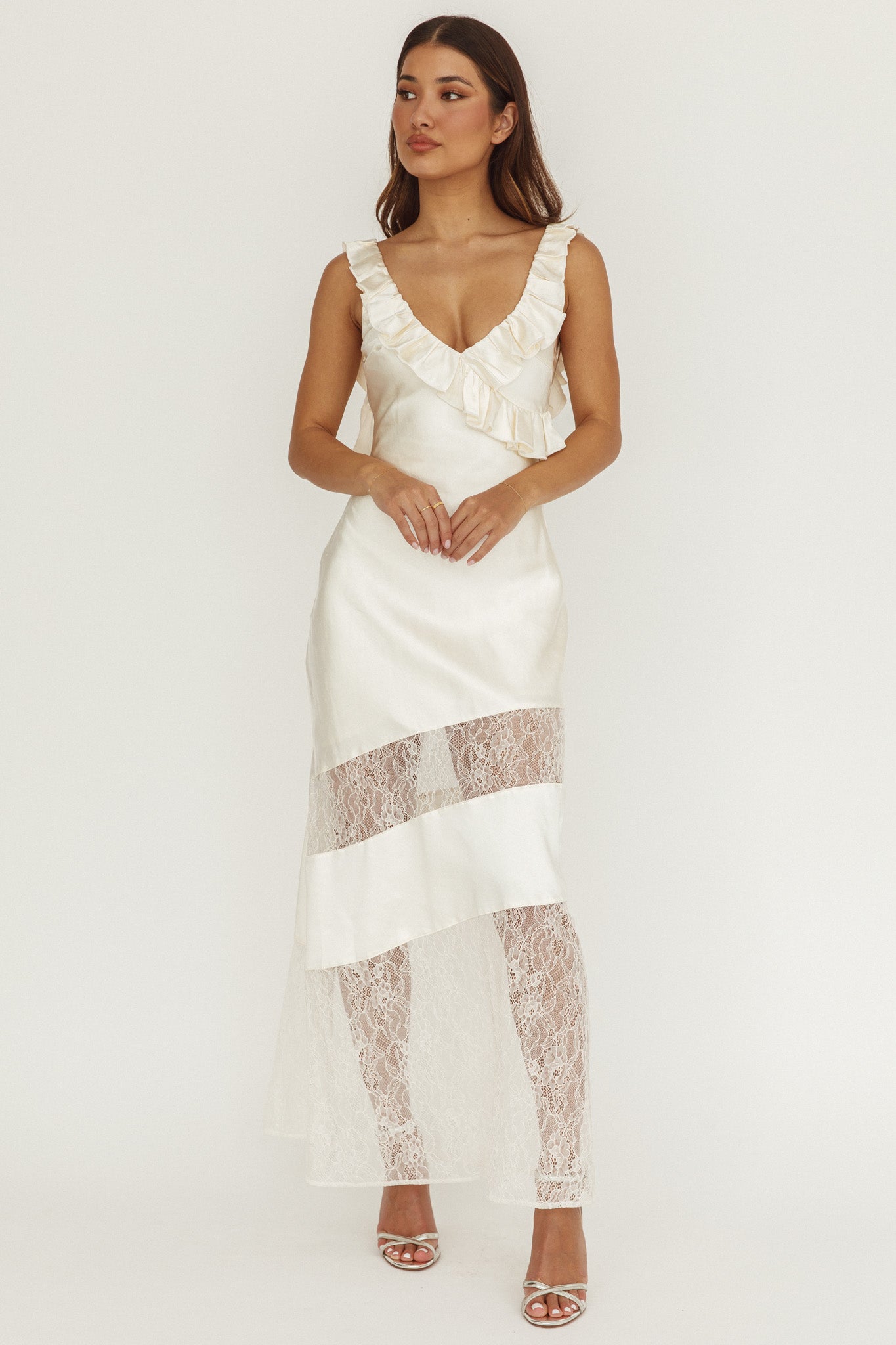 Alba Frill & Lace Trim Maxi Dress Oyster | Selfie Leslie
