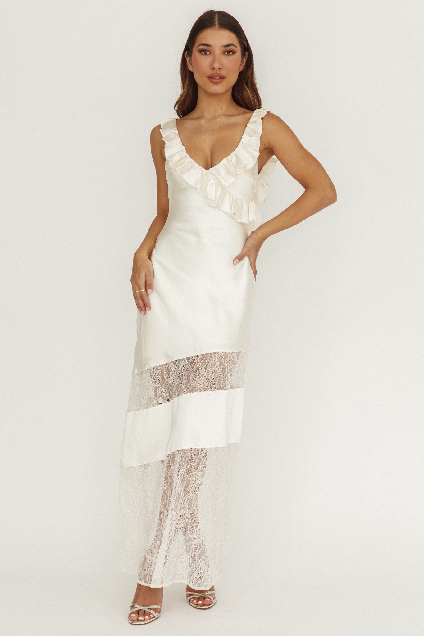 Alba Frill & Lace Trim Maxi Dress Oyster Alba Frill & Lace Trim Maxi Dress Oyster