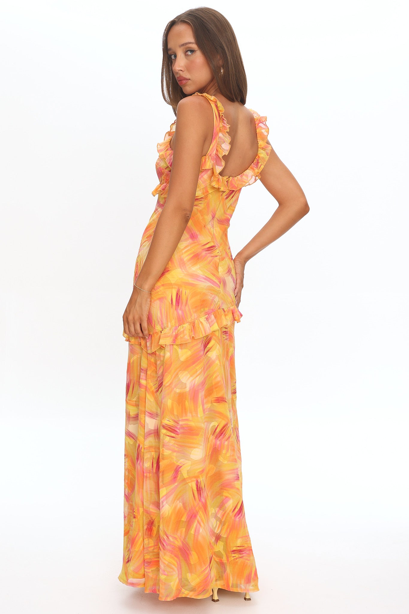 orange abstract dress Burnt Orange Abstract Print Cowl Neck Ruched Side Strappy Midi Dress AX Paris