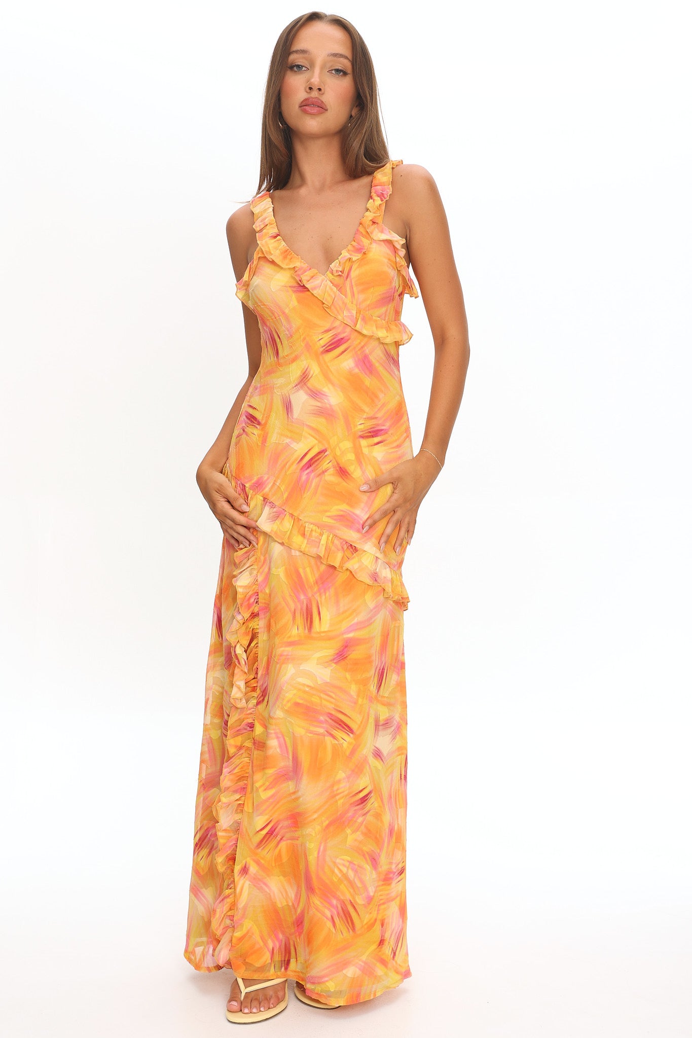 Shop the Alba Frill Trim Maxi Dress Abstract Orange