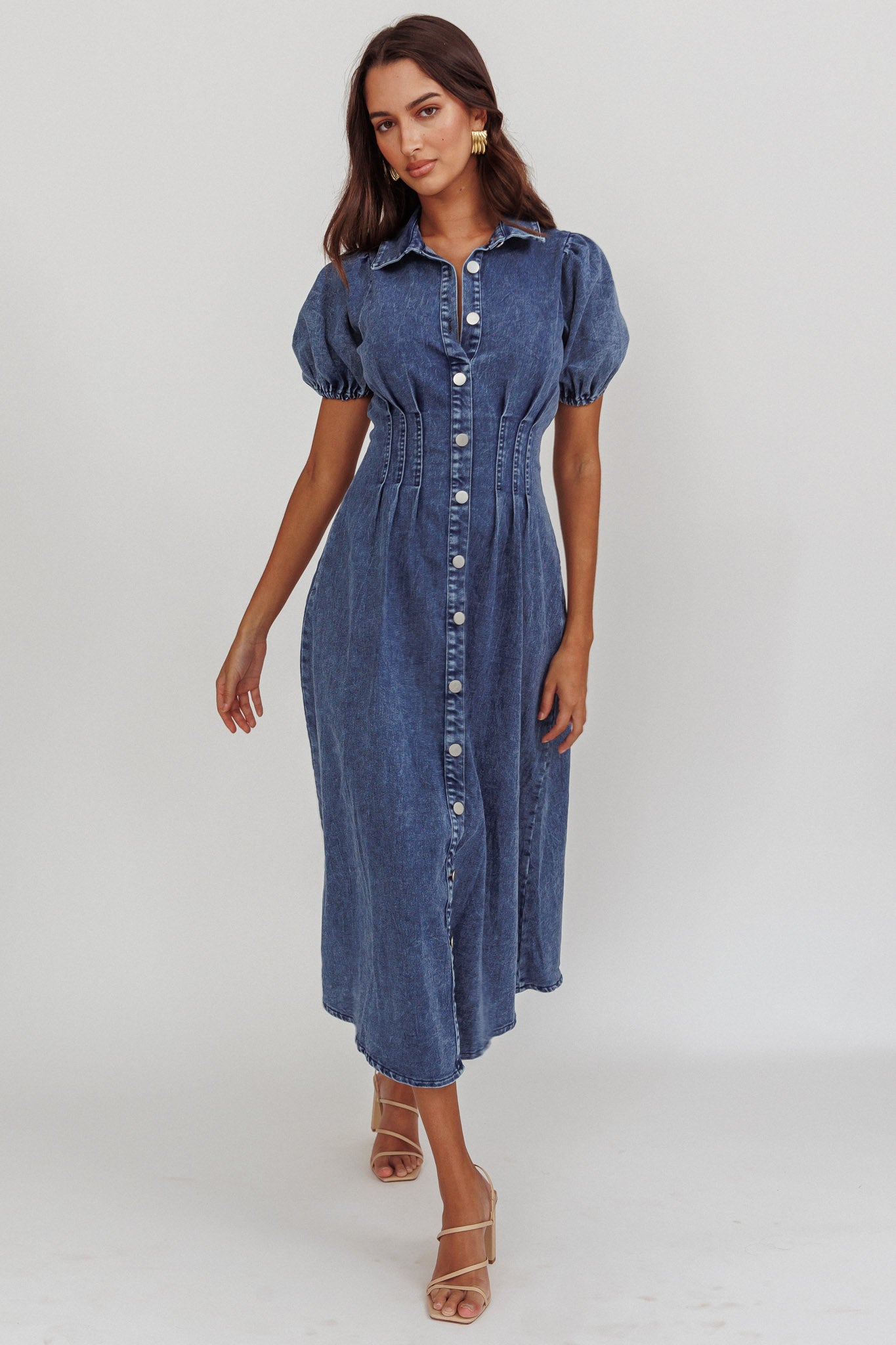 Zurich Pleated Waist Midi Dress Denim Dark Blue by Selfie Leslie
