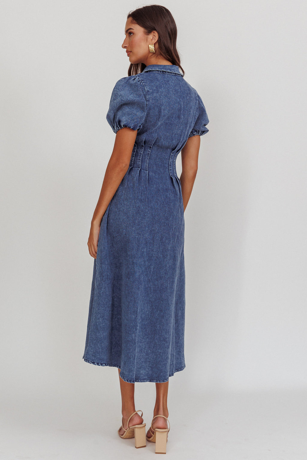 Zurich Pleated Waist Midi Dress Denim Dark Blue by Selfie Leslie