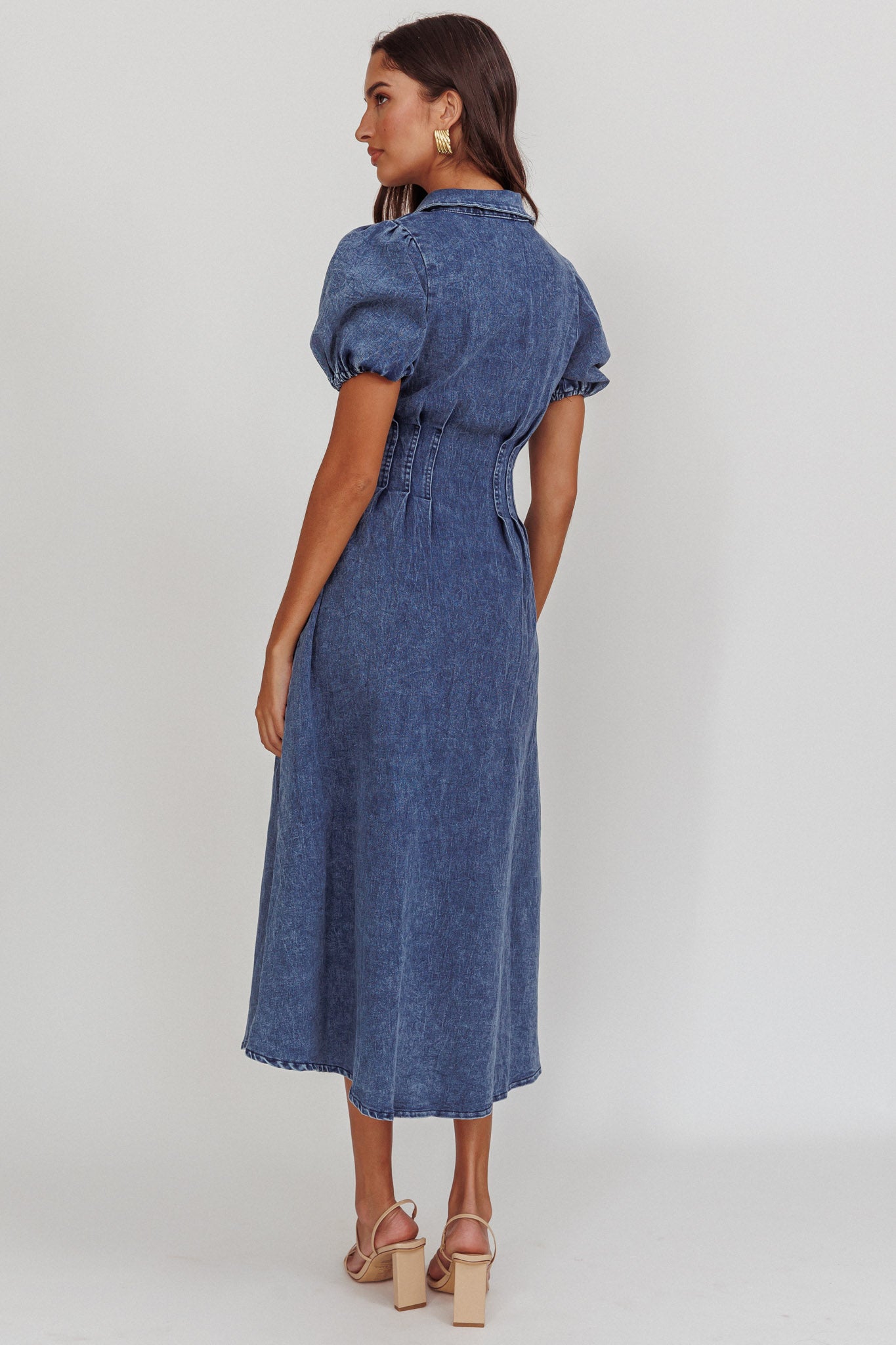 Zurich Pleated Waist Midi Dress Denim Dark Blue by Selfie Leslie