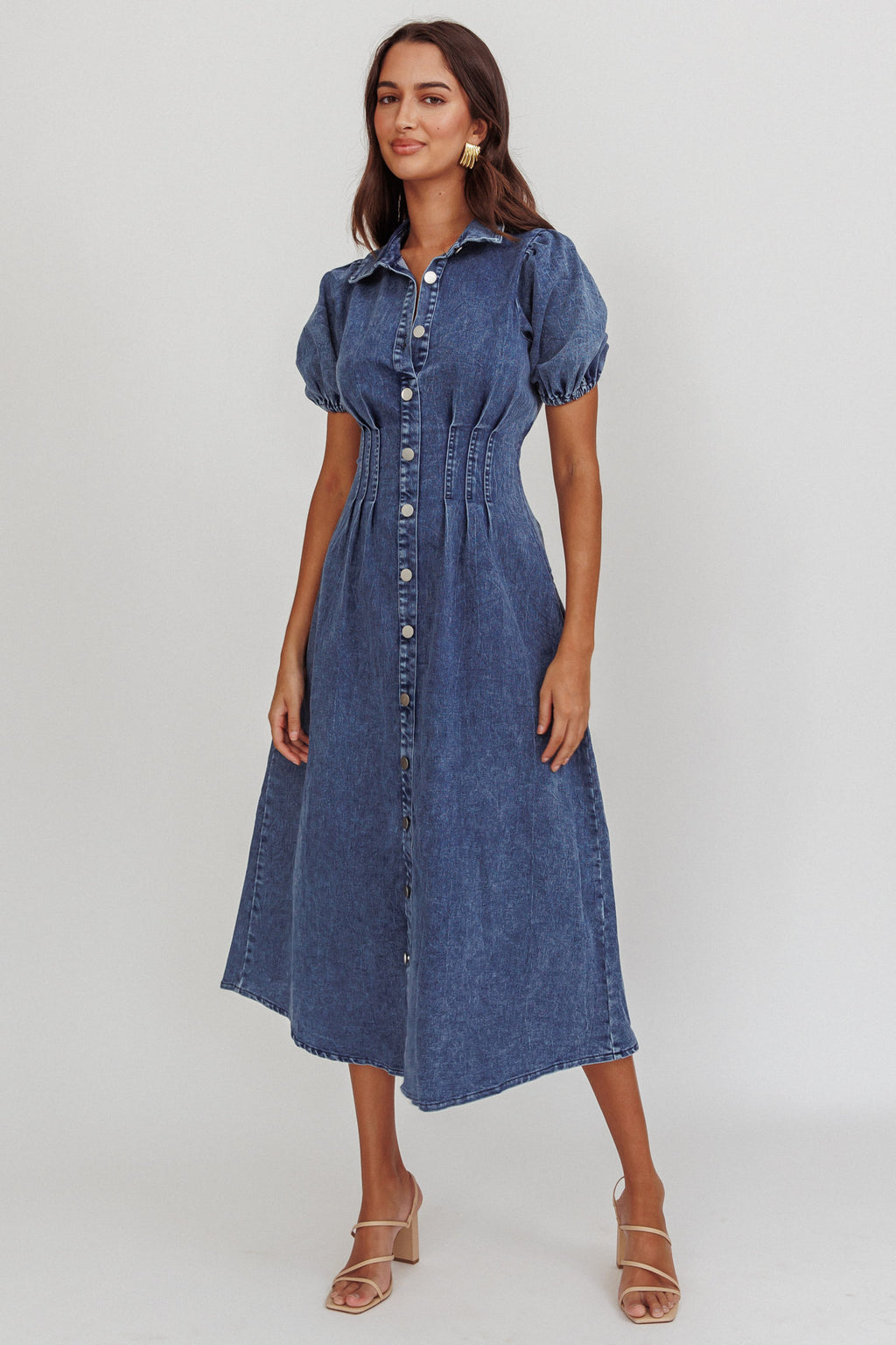 Zurich Pleated Waist Midi Dress Denim Dark Blue by Selfie Leslie