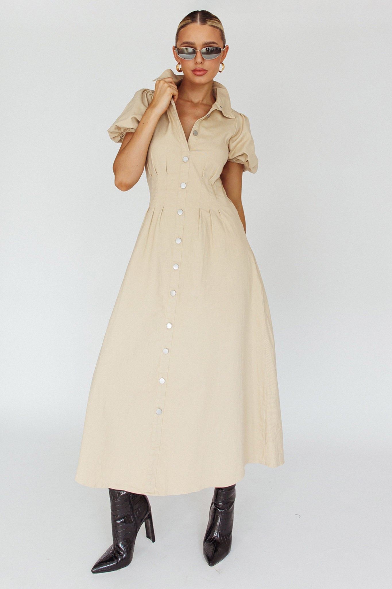 Zurich Pleated Waist Midi Dress Beige by Selfie Leslie