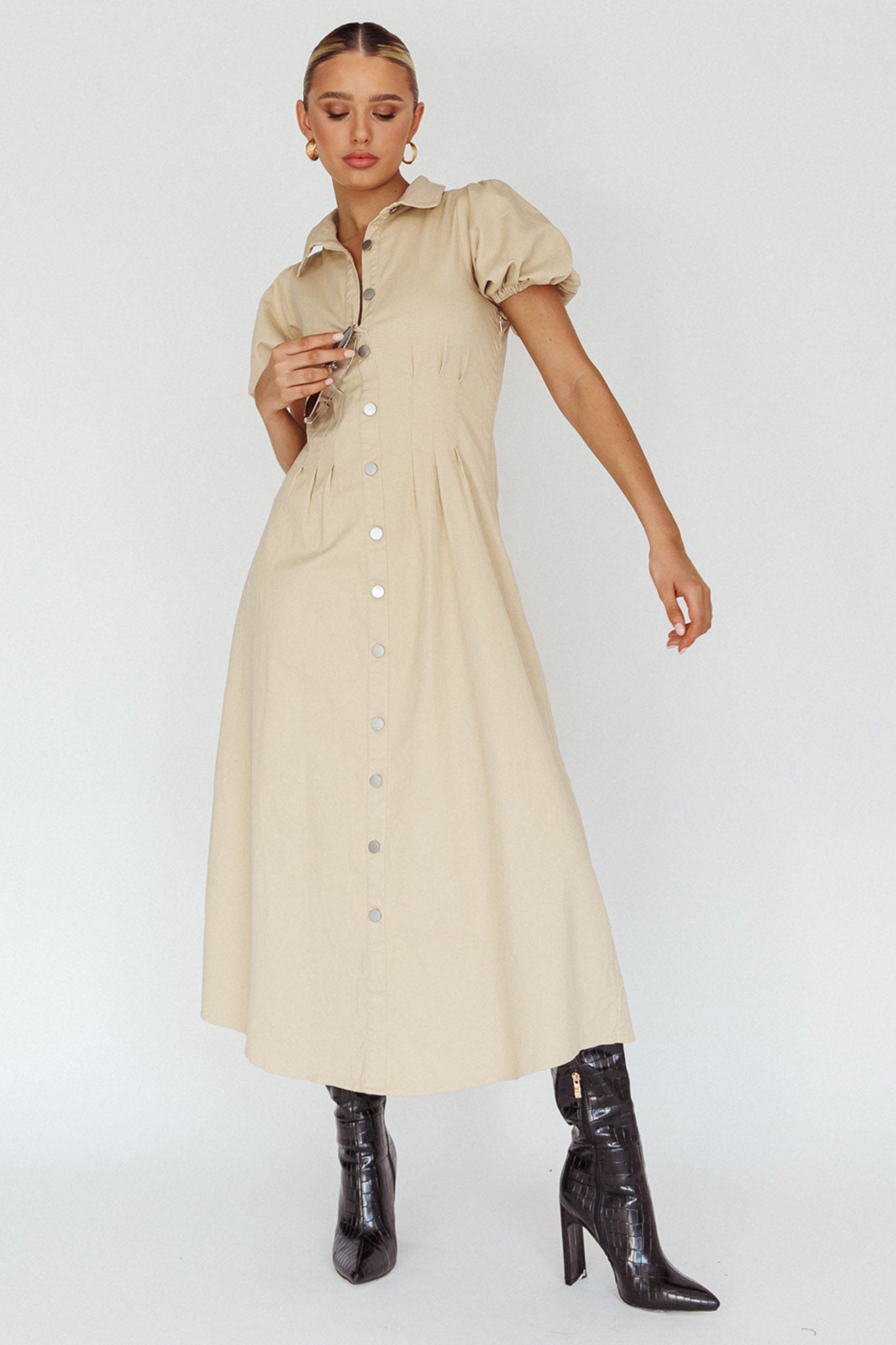Shop the Zurich Pleated Waist Midi Dress Beige | Selfie Leslie