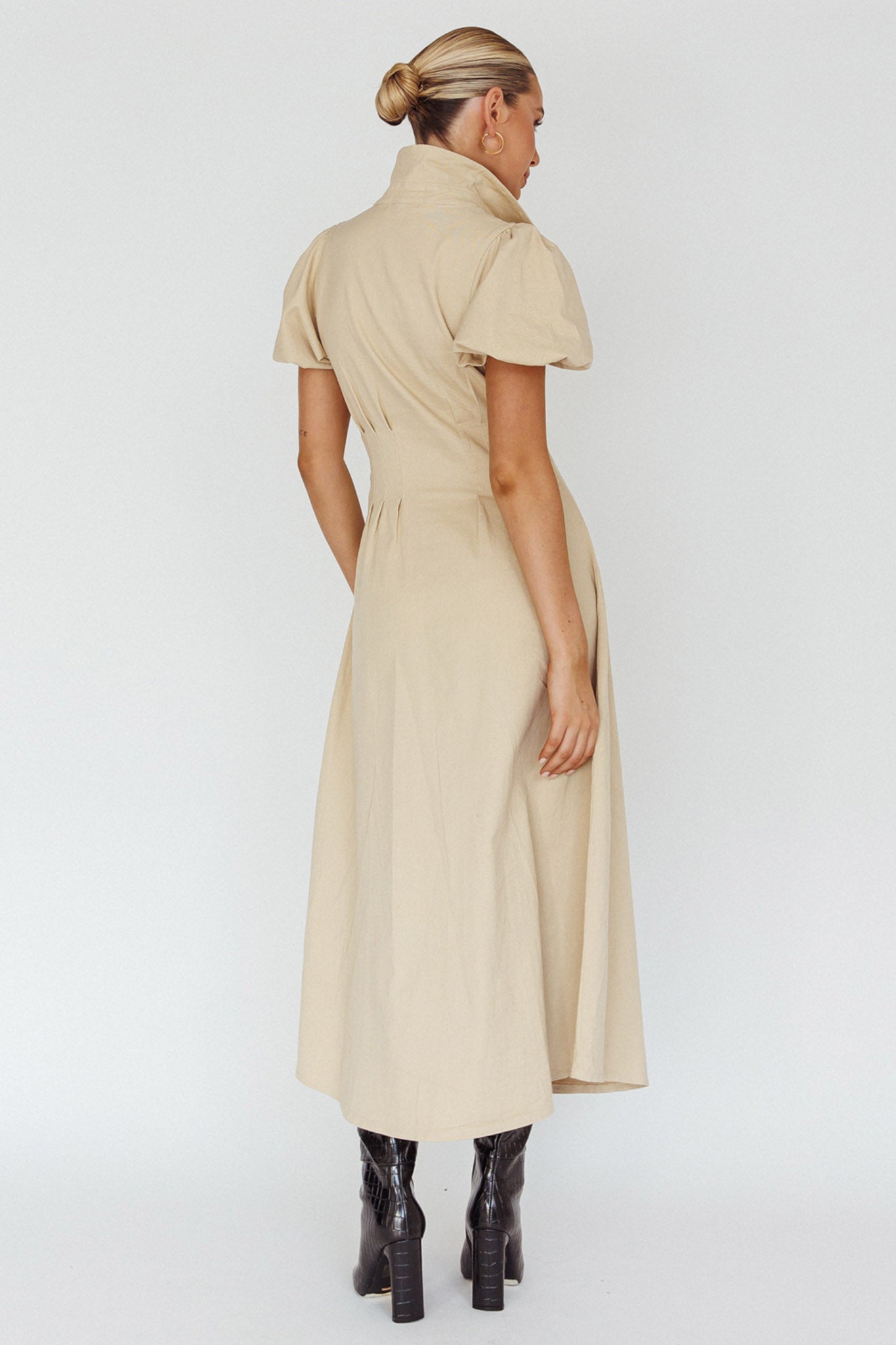 Zurich Pleated Waist Midi Dress Beige by Selfie Leslie