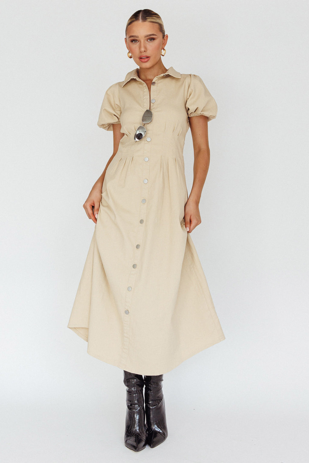 Zurich Pleated Waist Midi Dress Beige by Selfie Leslie