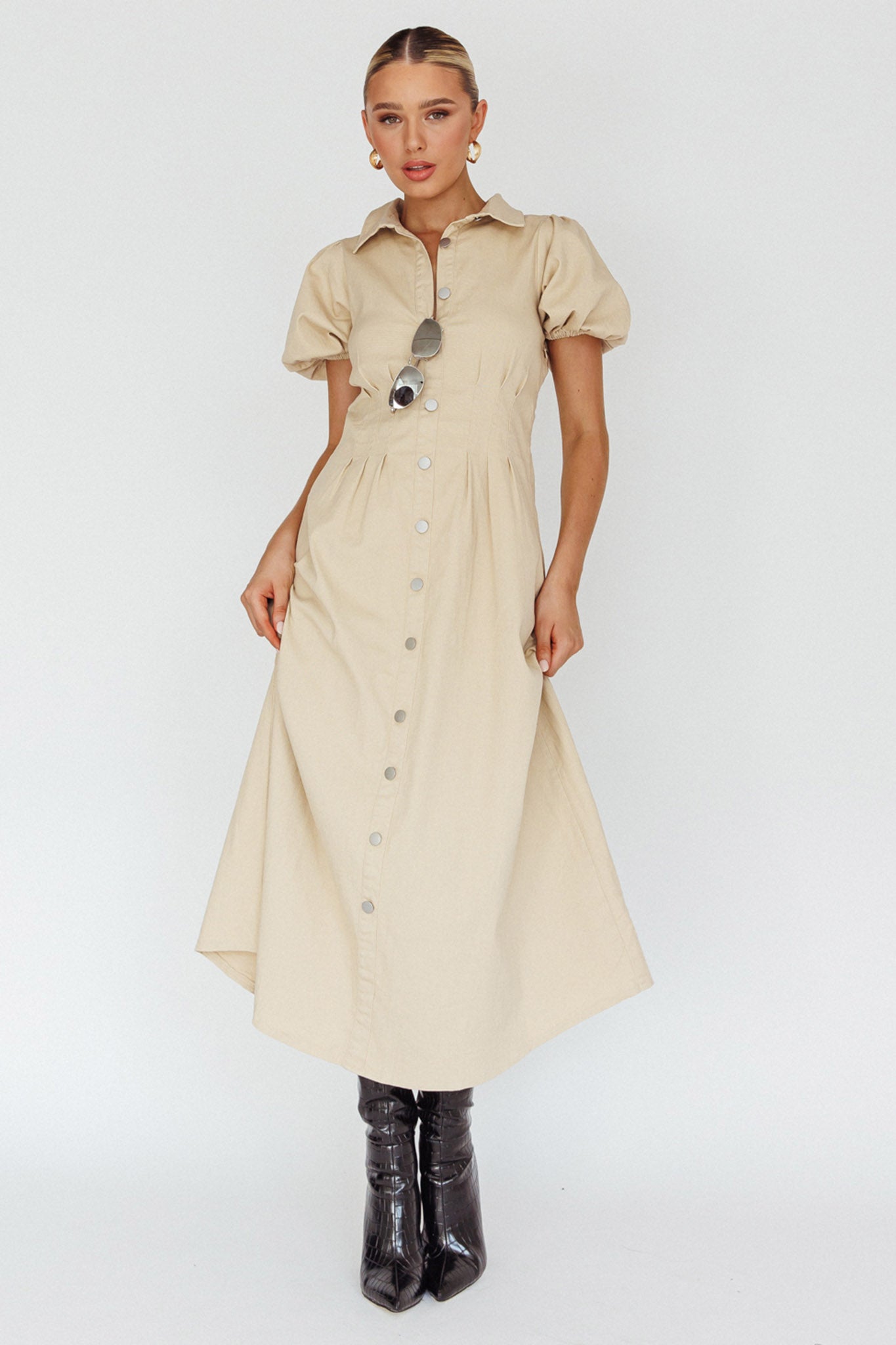 Zurich Pleated Waist Midi Dress Beige by Selfie Leslie