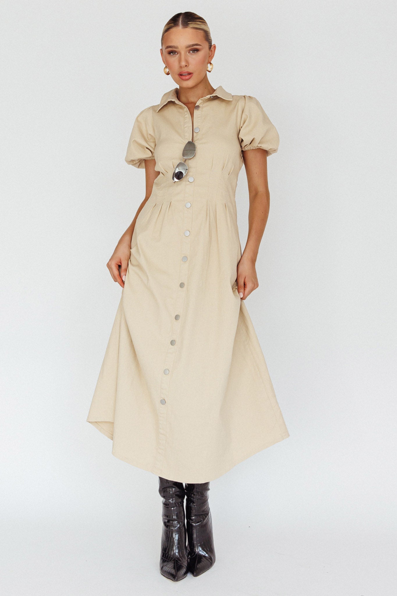 Shop the Zurich Pleated Waist Midi Dress Beige | Selfie Leslie