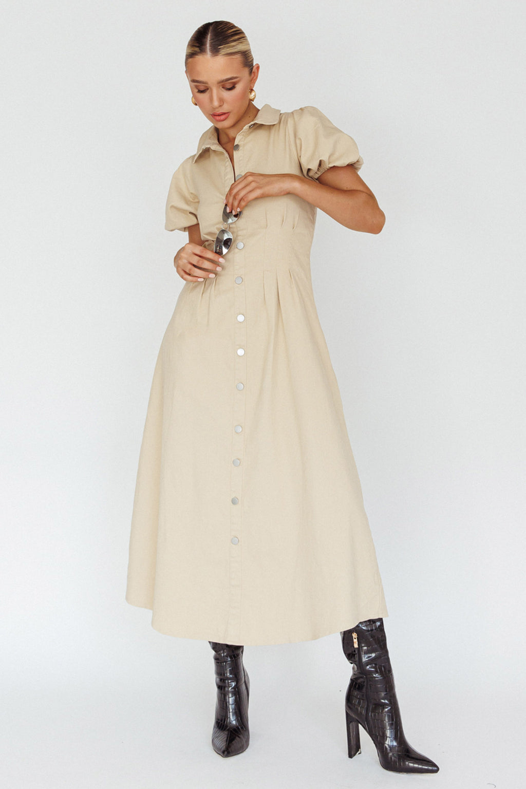 Zurich Pleated Waist Midi Dress Beige by Selfie Leslie