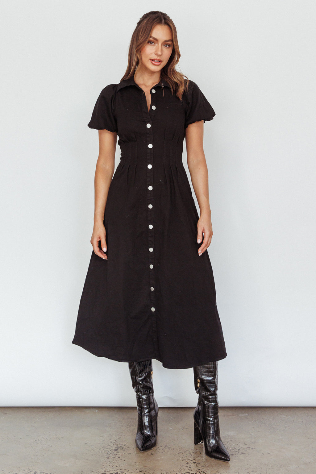 Zurich Pleated Waist Midi Dress Black by Selfie Leslie