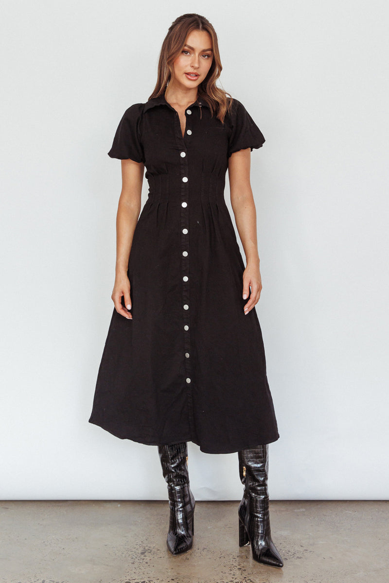 Shop the Zurich Pleated Waist Midi Dress Black | Selfie Leslie