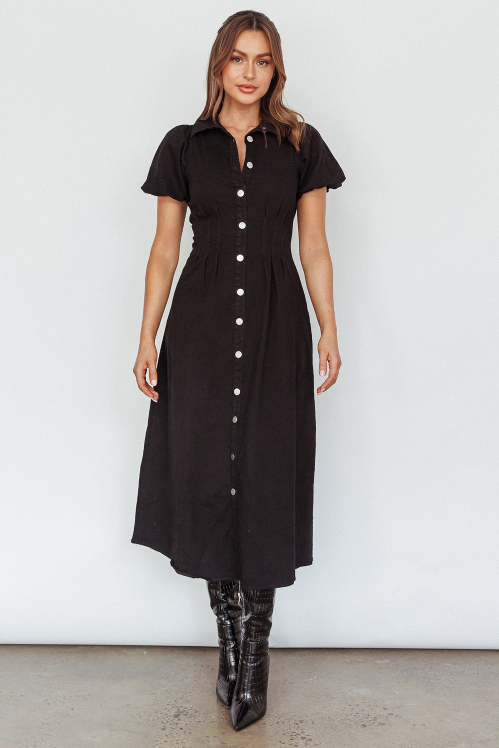 Zurich Pleated Waist Midi Dress Black by Selfie Leslie