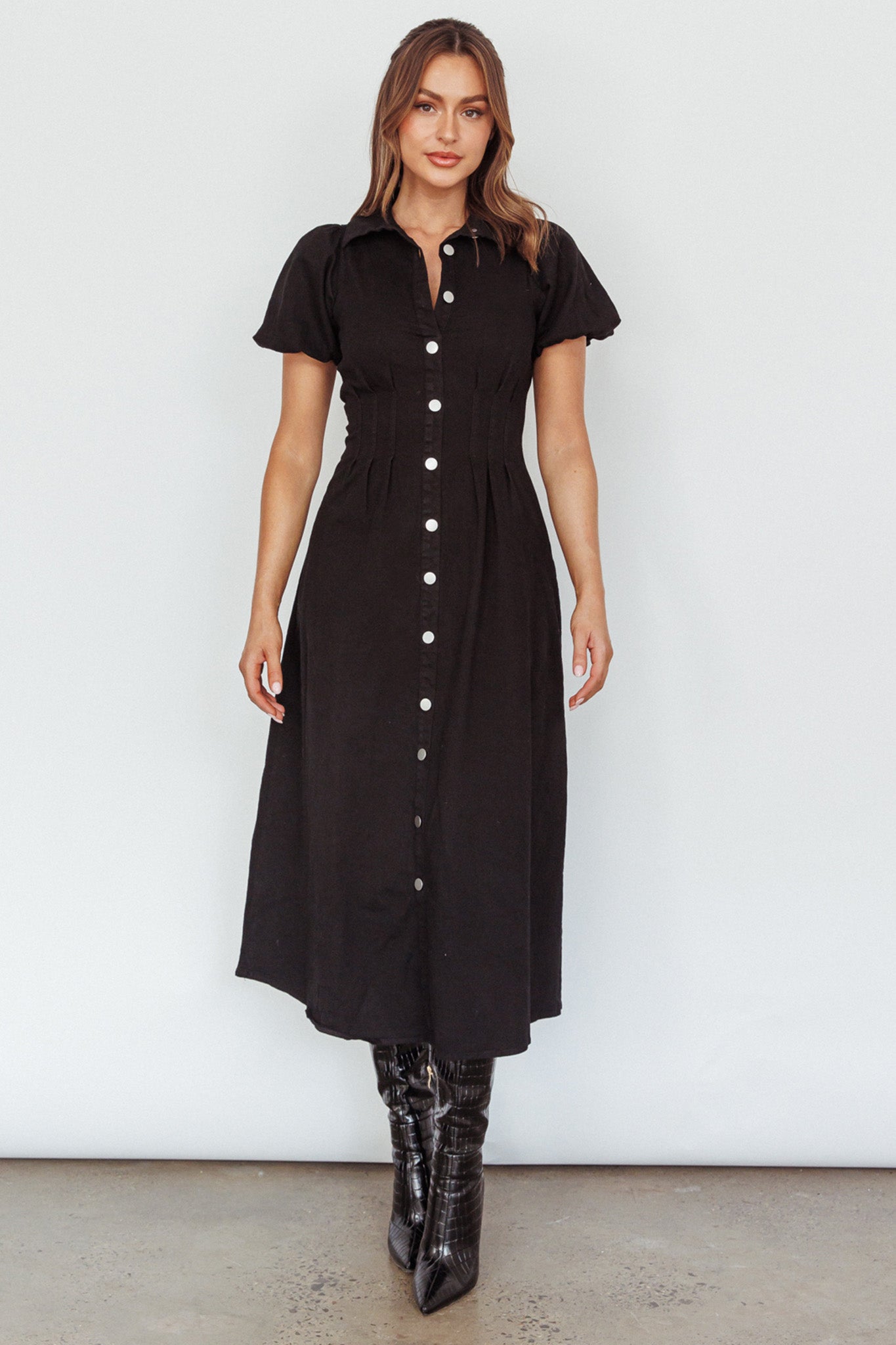 Zurich Pleated Waist Midi Dress Black by Selfie Leslie