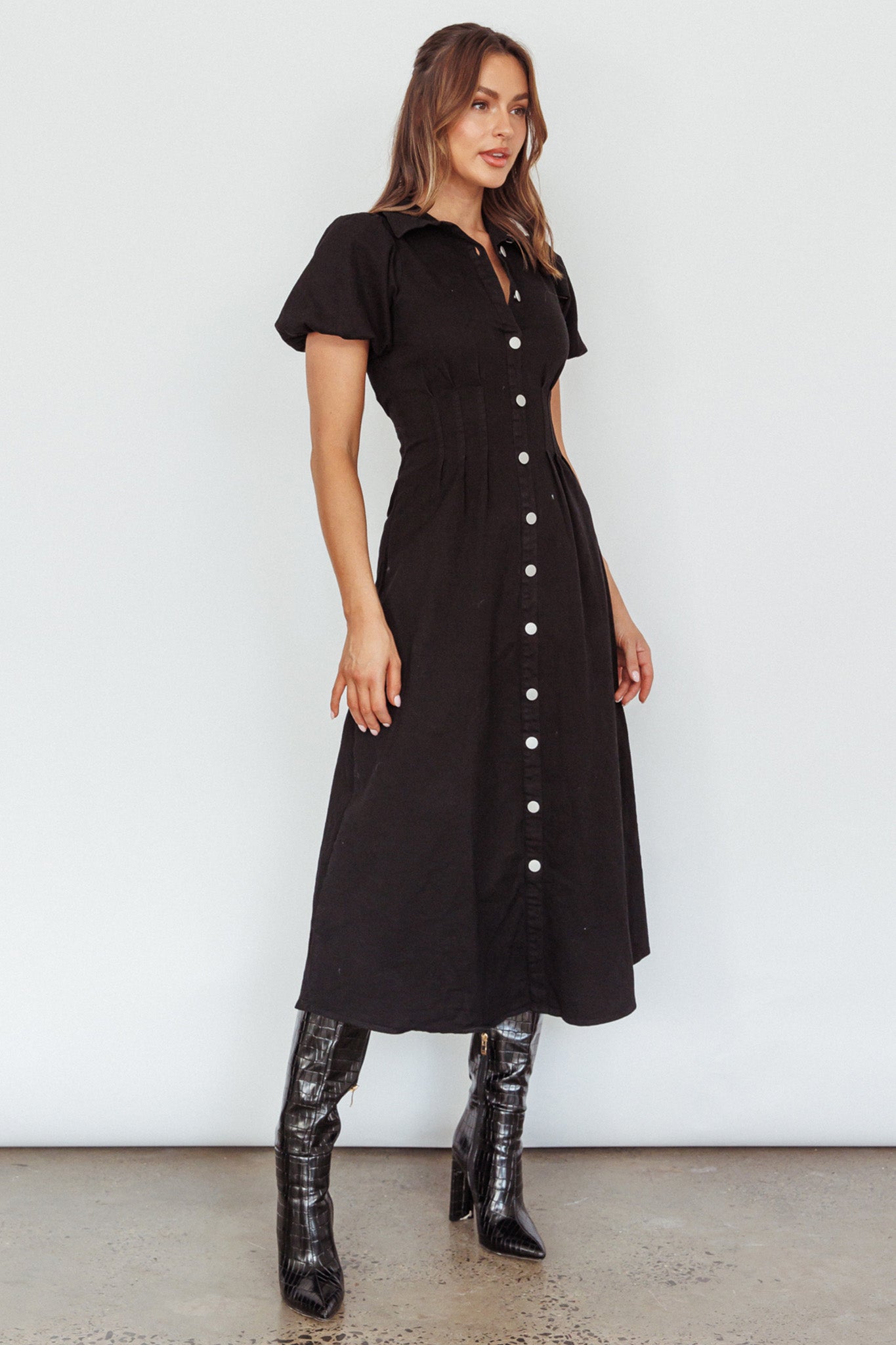Zurich Pleated Waist Midi Dress Black by Selfie Leslie