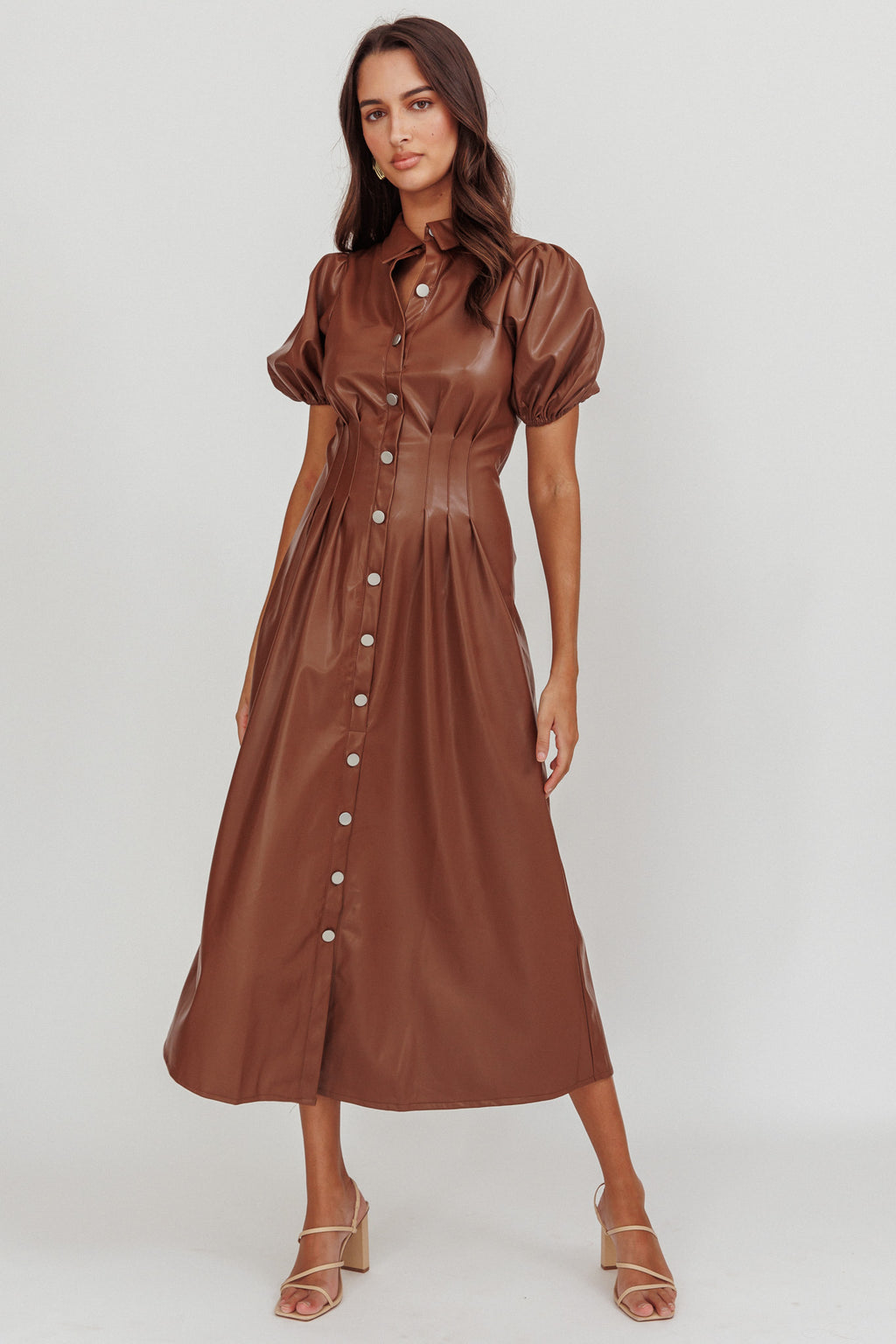 Zurich A-line Puff Sleeve Midi Dress Chocolate by Selfie Leslie