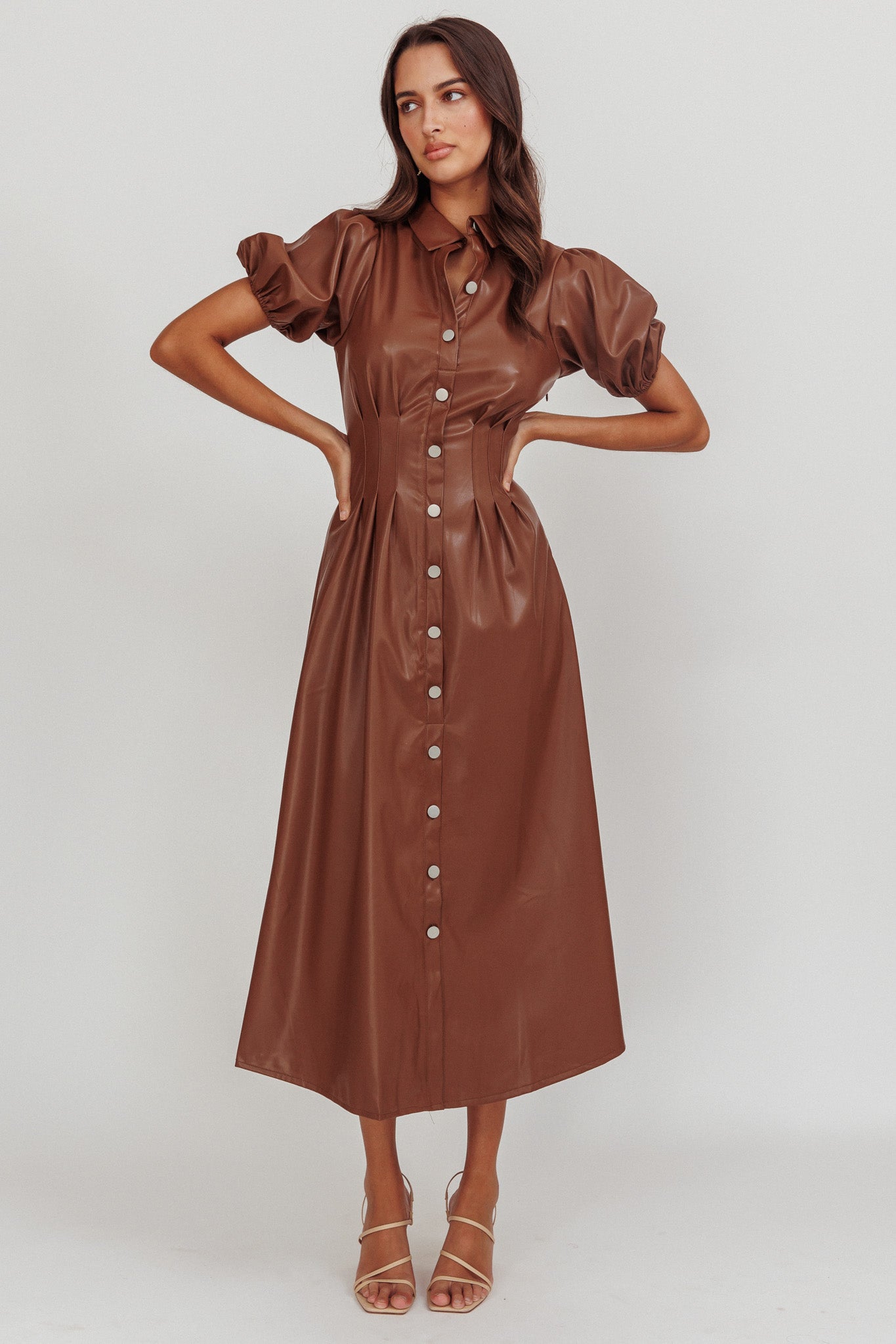 Zurich A-line Puff Sleeve Midi Dress Chocolate by Selfie Leslie