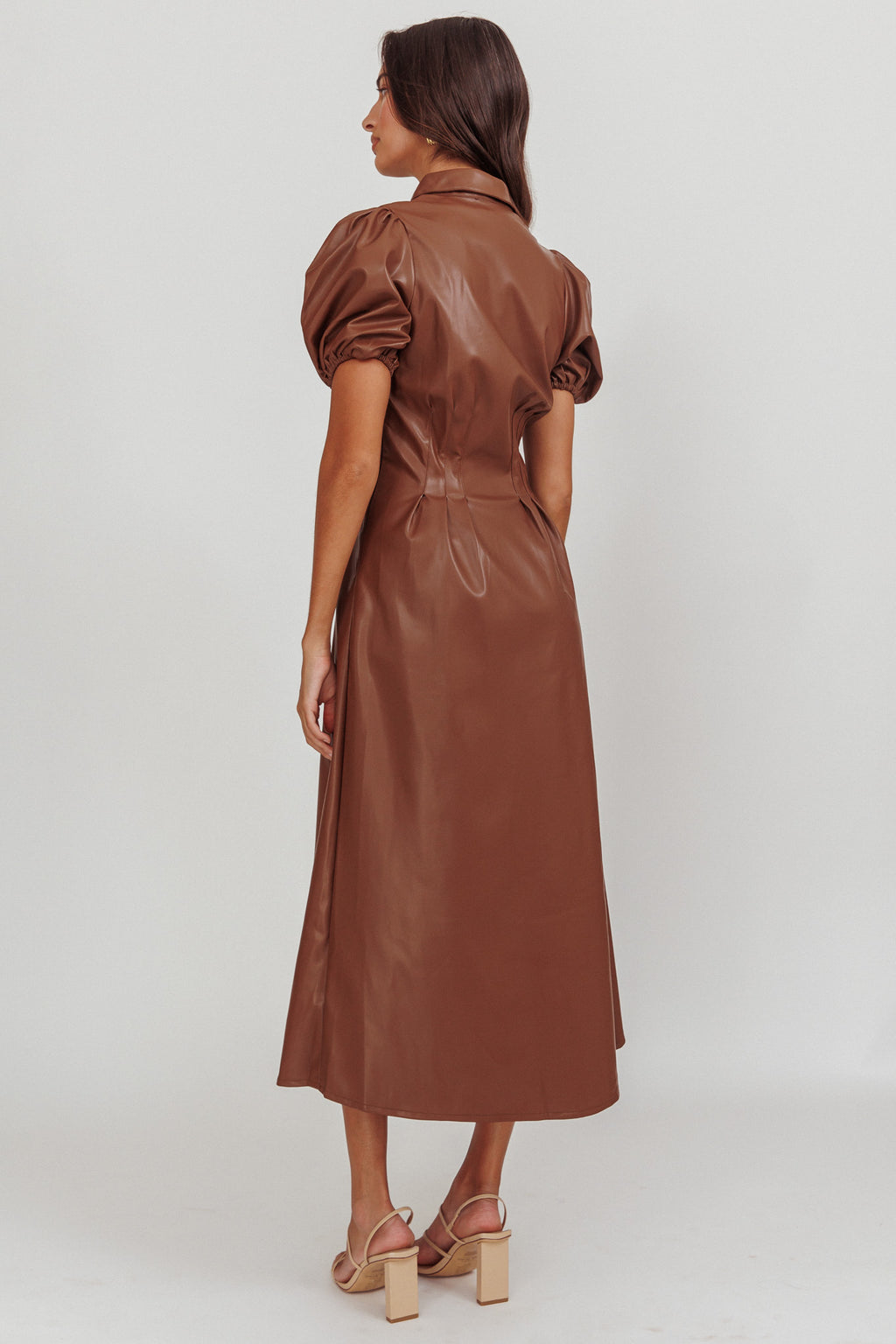 Zurich A-line Puff Sleeve Midi Dress Chocolate by Selfie Leslie