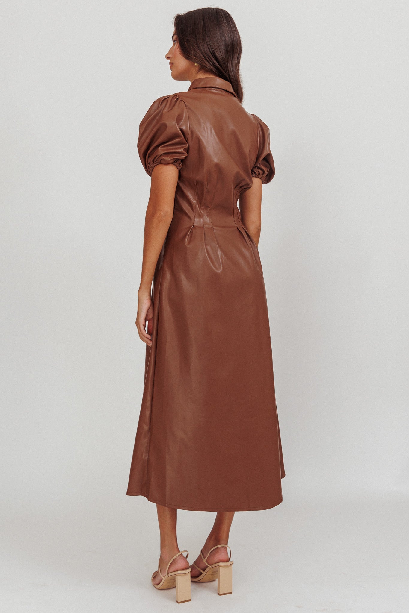 Zurich A-line Puff Sleeve Midi Dress Chocolate by Selfie Leslie