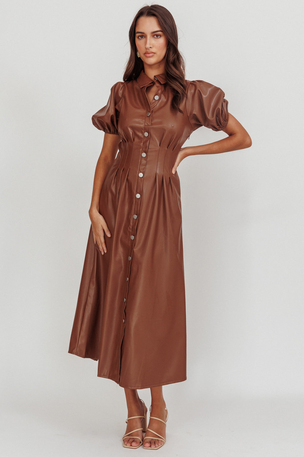 Zurich A-line Puff Sleeve Midi Dress Chocolate by Selfie Leslie
