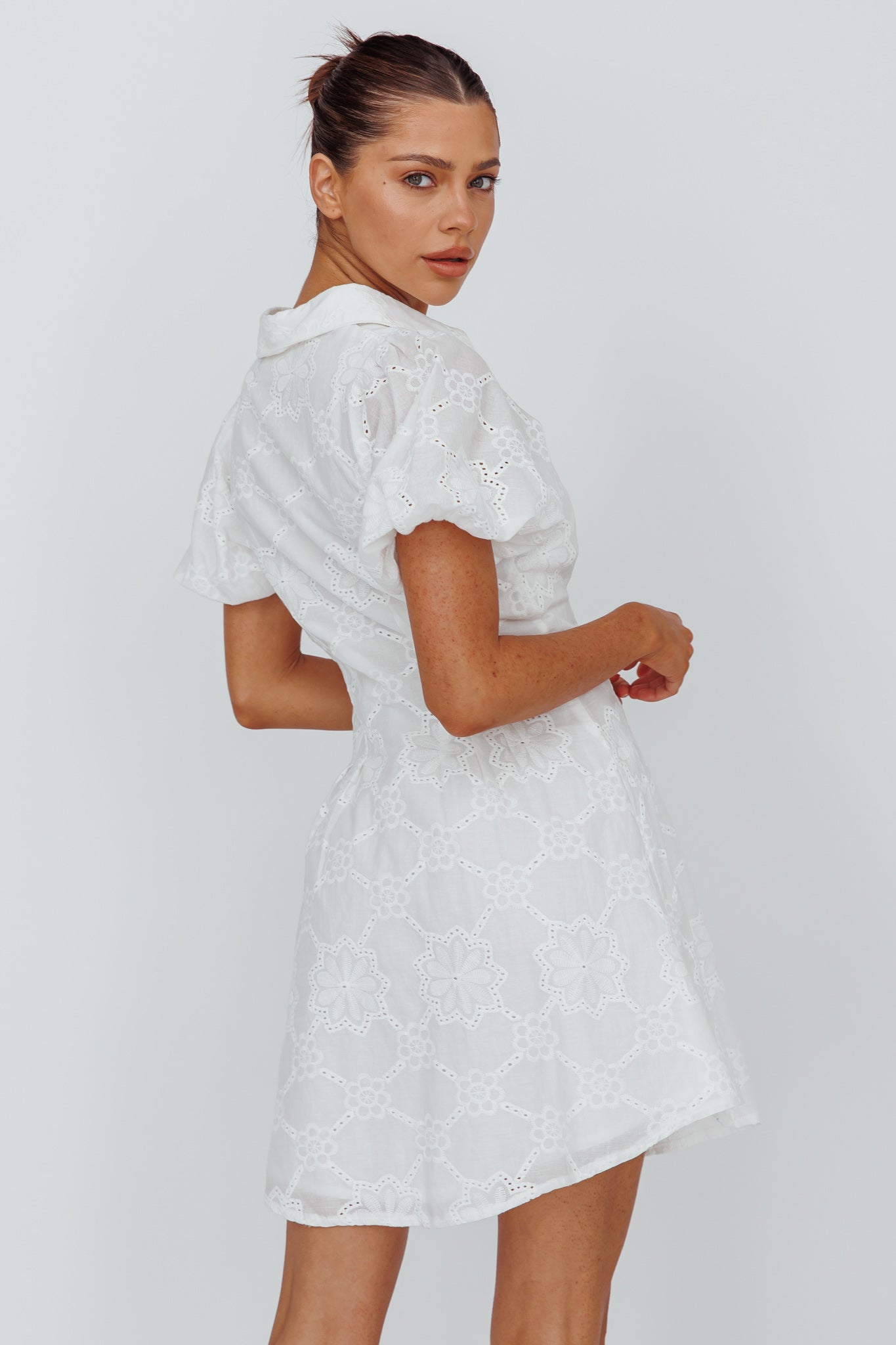 Zurich Pleated Waist Shirt Dress Eyelet White by Selfie Leslie