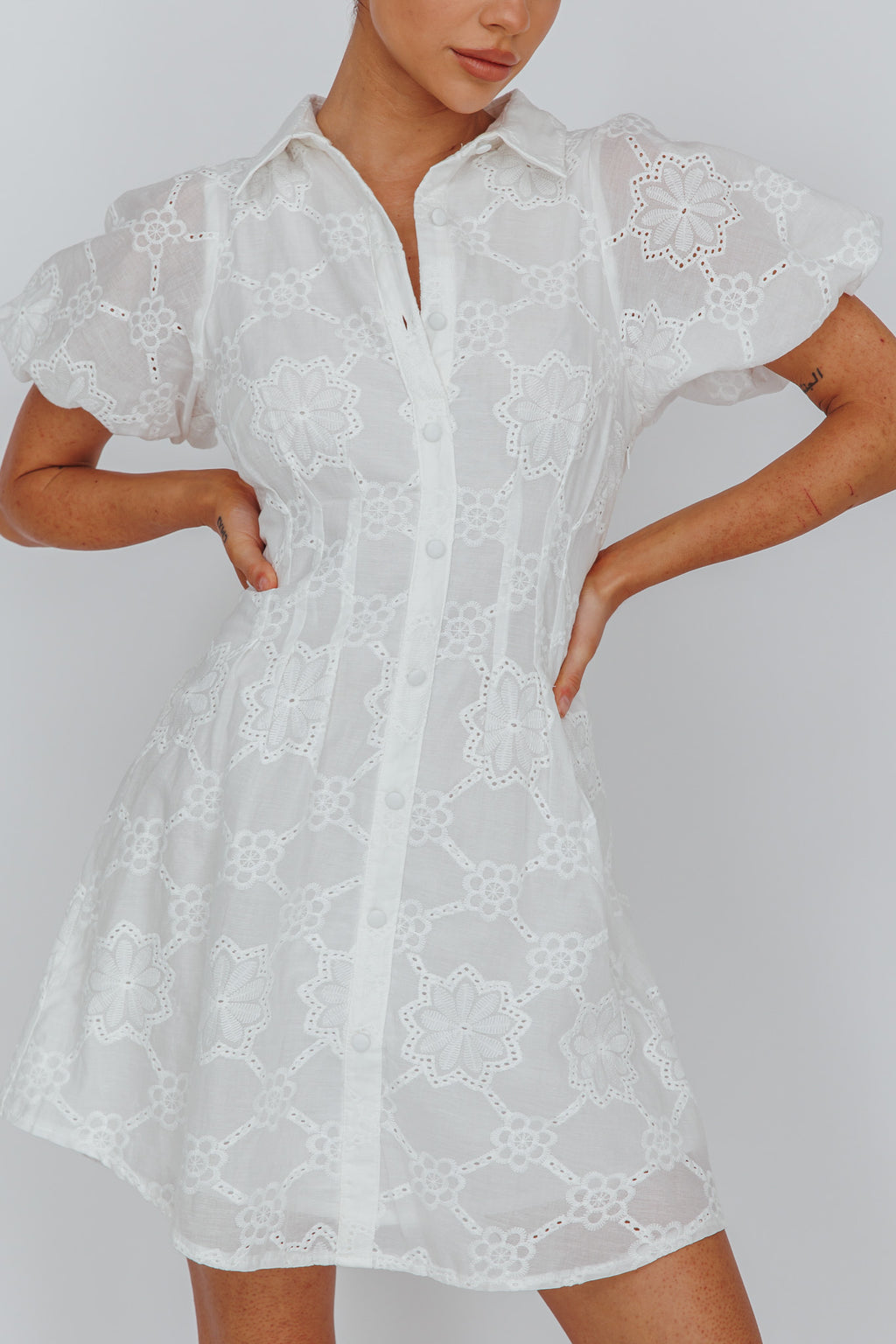 Zurich Pleated Waist Shirt Dress Eyelet White by Selfie Leslie