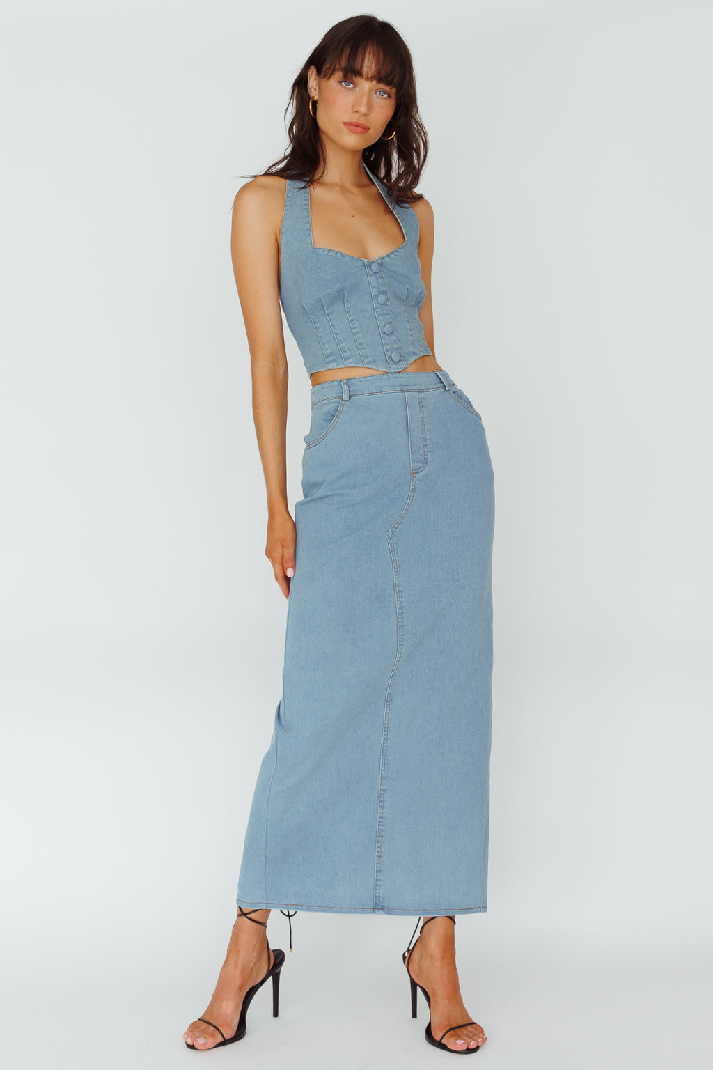 Zurich Pocket Maxi Skirt Denim Blue by Selfie Leslie