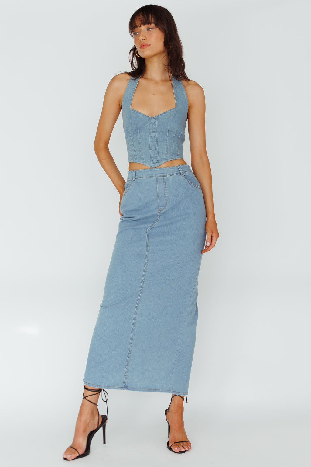 Zurich Pocket Maxi Skirt Denim Blue by Selfie Leslie