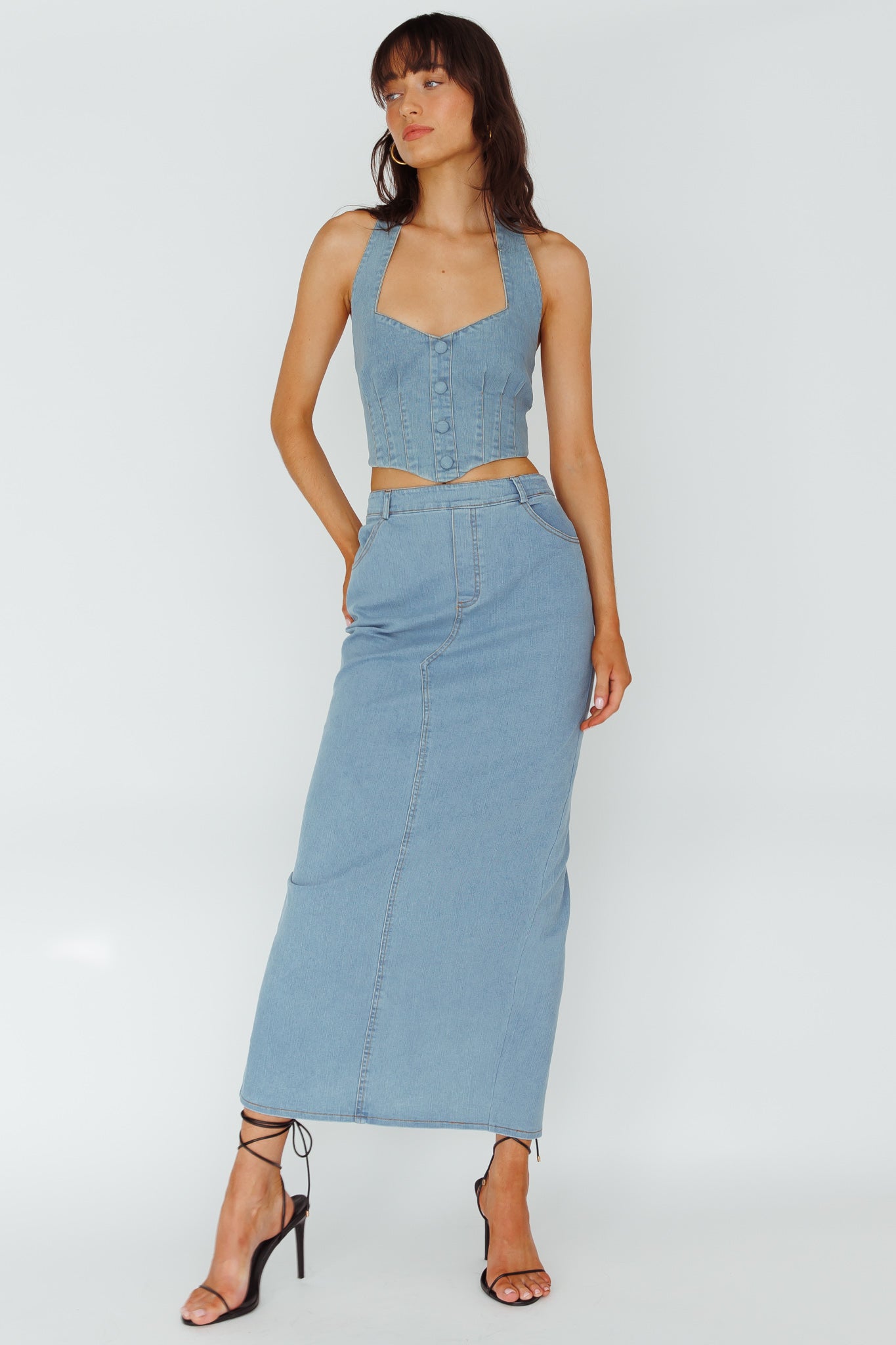 Zurich Pocket Maxi Skirt Denim Blue by Selfie Leslie