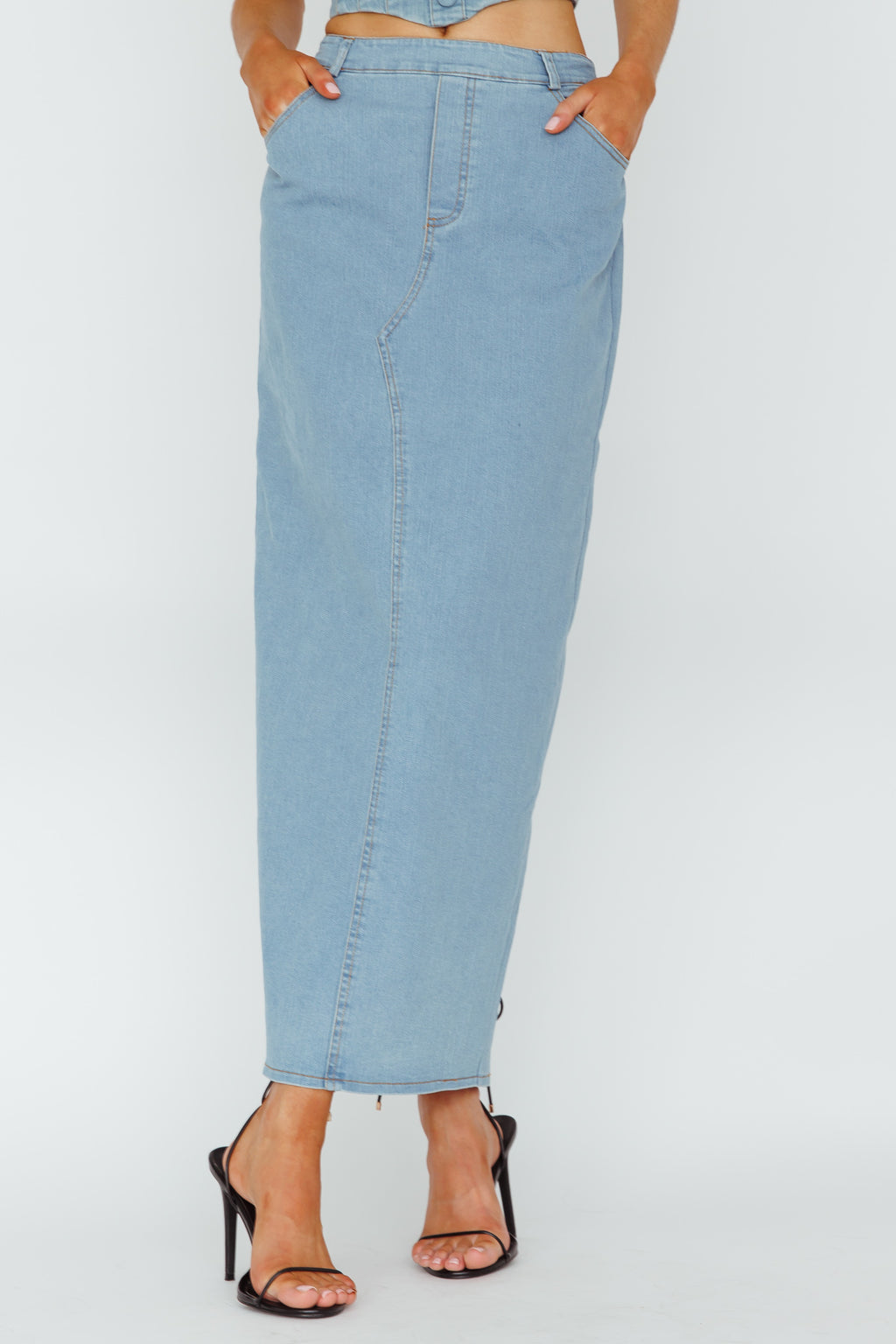 Zurich Pocket Maxi Skirt Denim Blue by Selfie Leslie