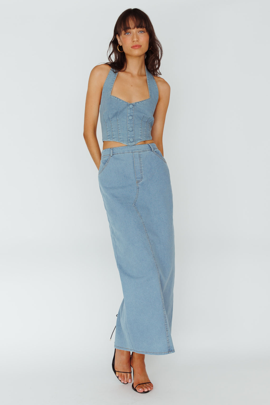 Zurich Pocket Maxi Skirt Denim Blue by Selfie Leslie