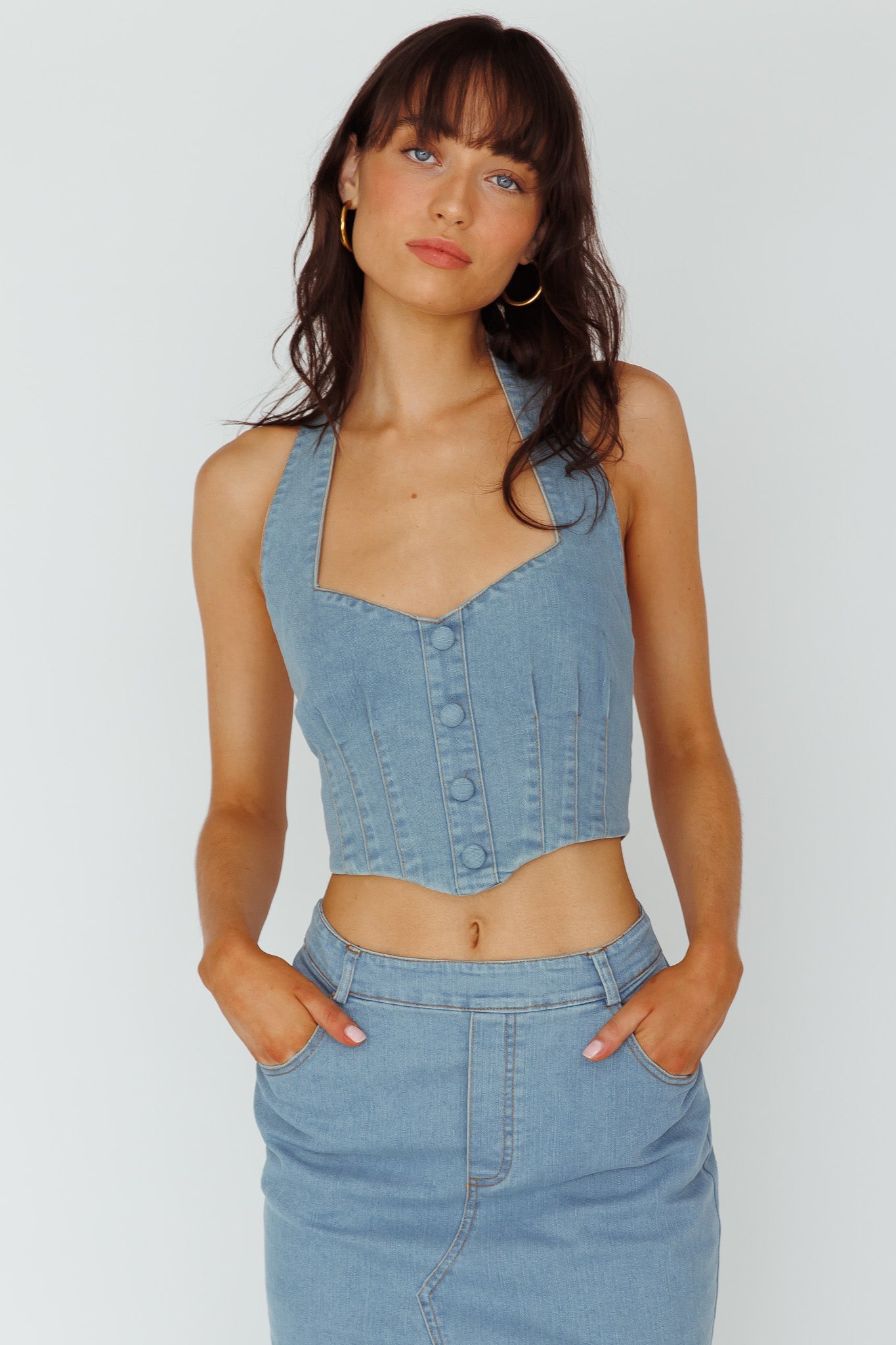 Zurich Halter Crop Top Denim Blue by Selfie Leslie