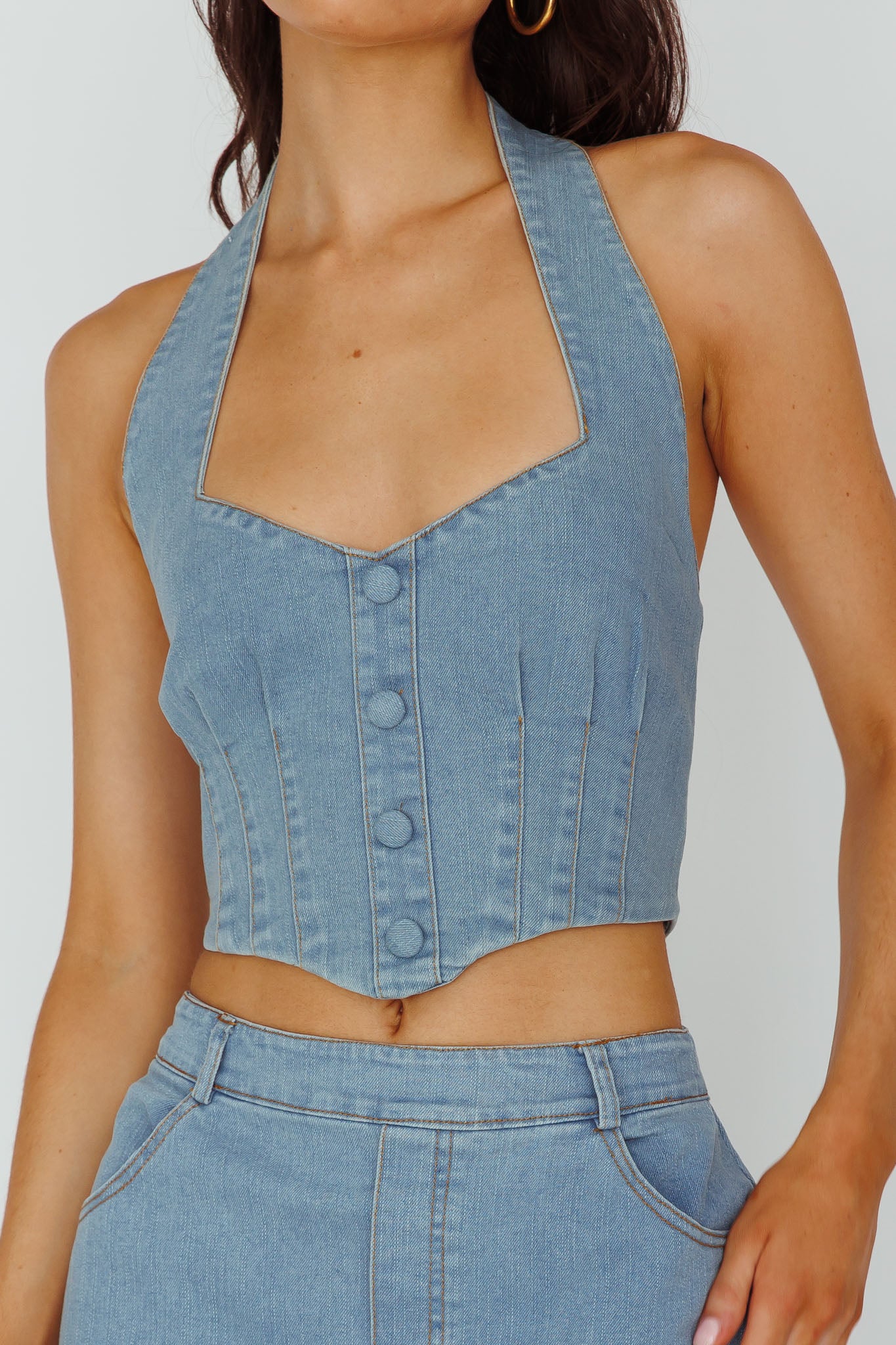 Zurich Halter Crop Top Denim Blue by Selfie Leslie