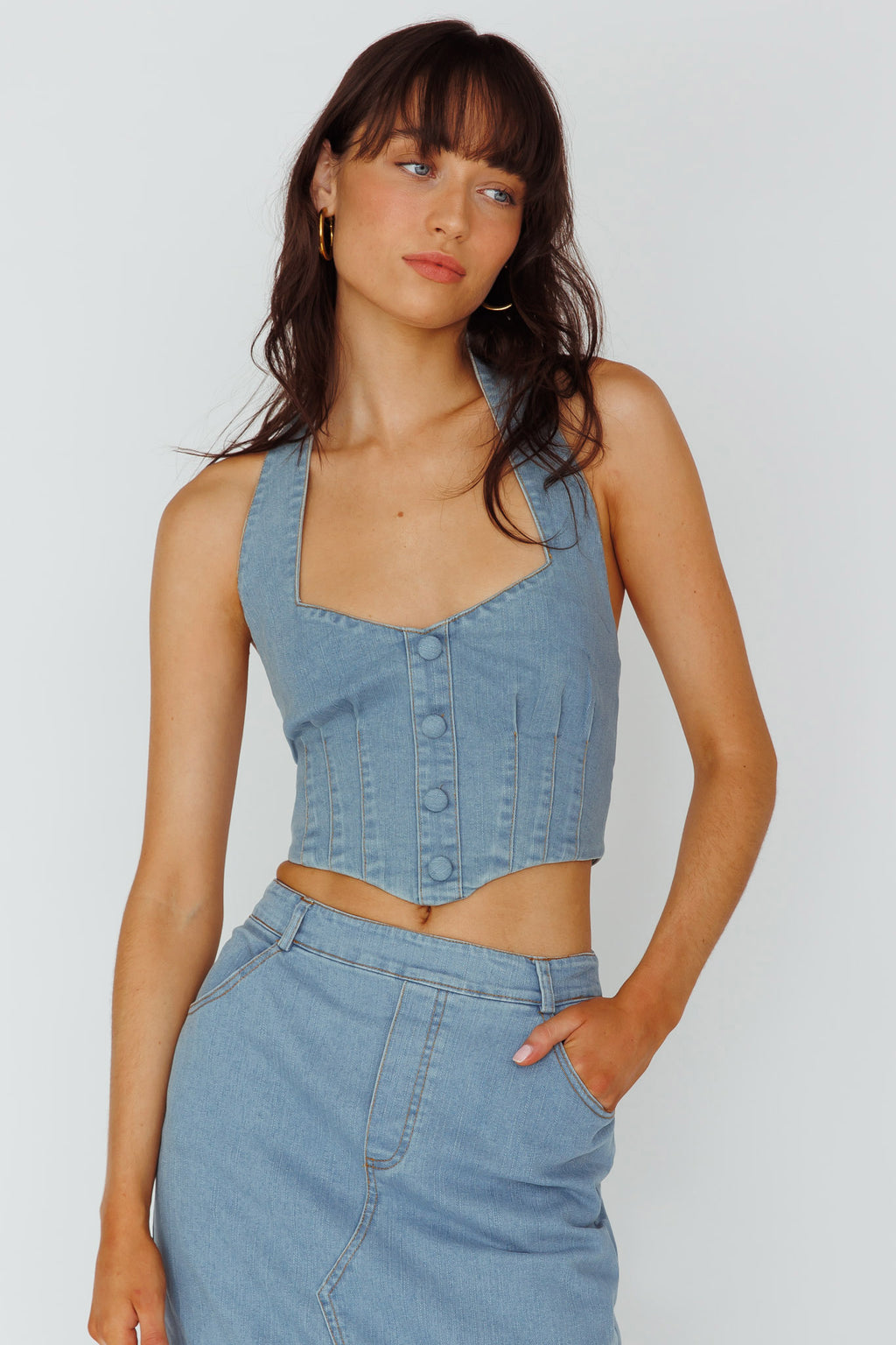 Zurich Halter Crop Top Denim Blue by Selfie Leslie