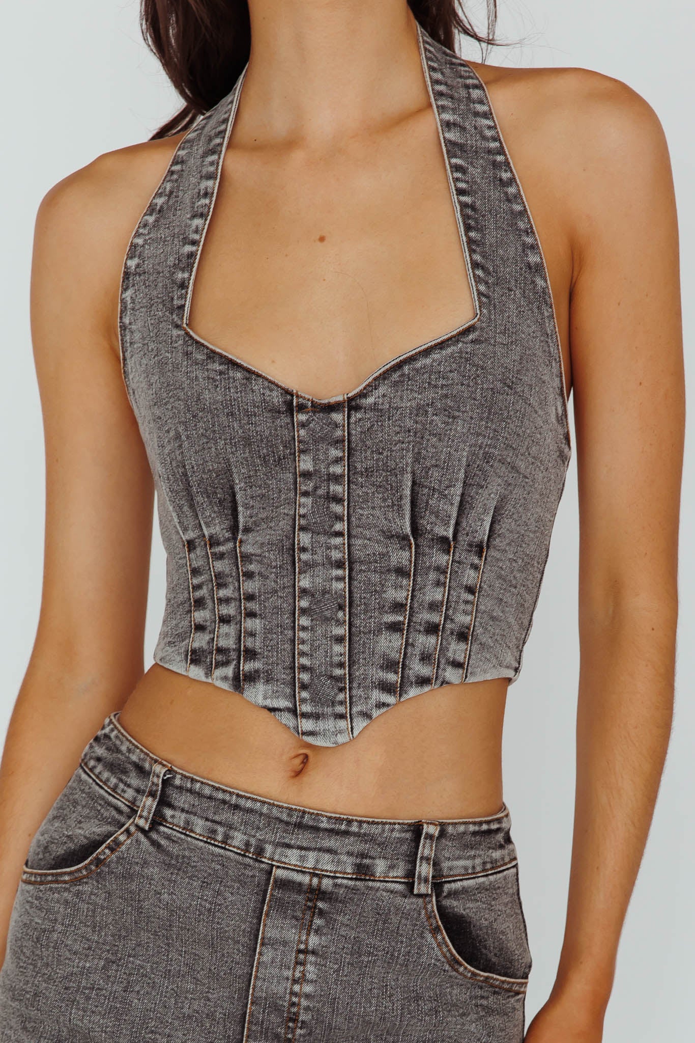 Zurich Halter Crop Top Denim Grey | Selfie Leslie