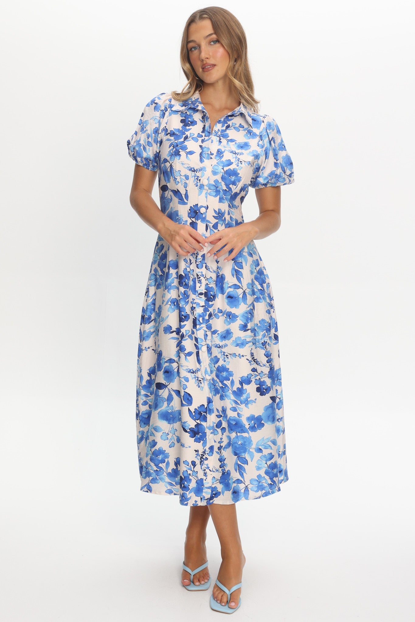 white floral midi dress with sleeves Square Neckline Puff Sleeve Cotton Floral Midi Dress